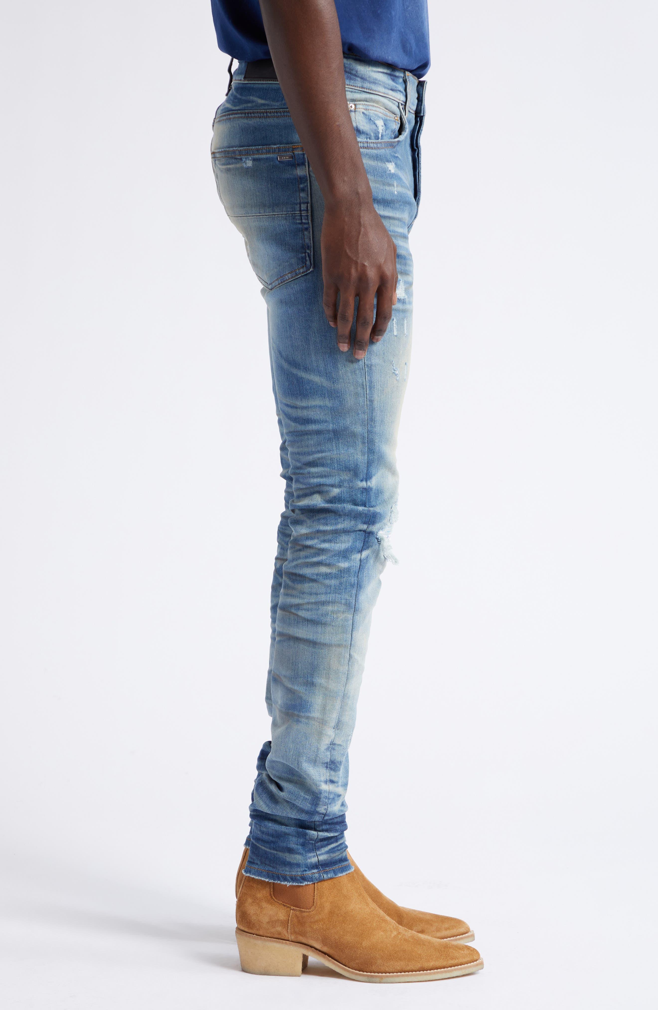 Amiri Mx1 Paisley Patch Ripped Stretch Skinny Jeans in Blue for