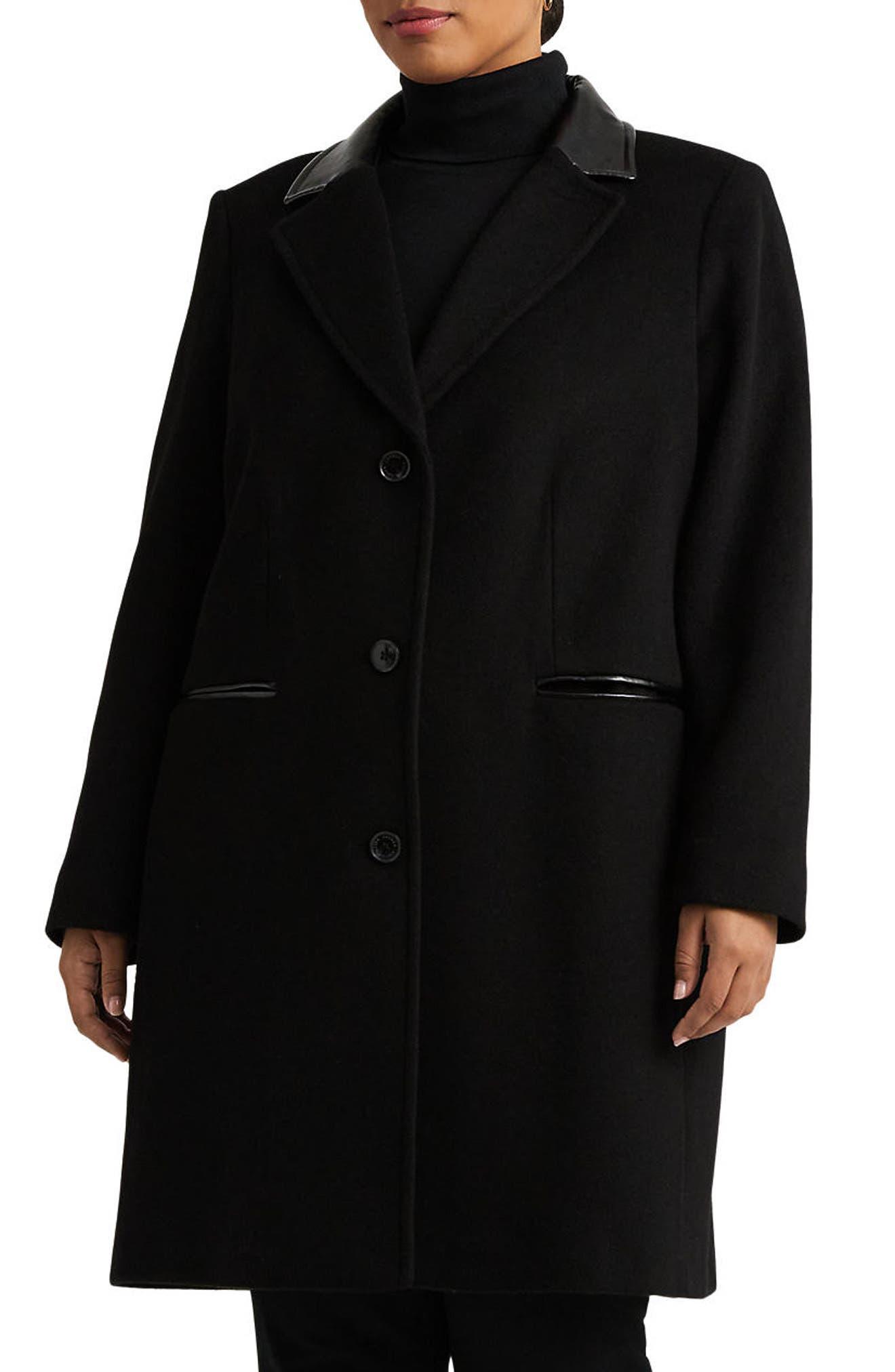 Lauren by Ralph Lauren Faux Leather Trim Wool Blend Coat in Black