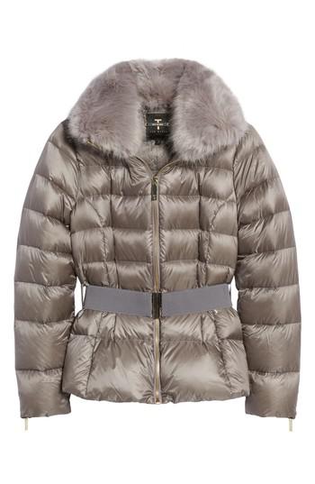Ted Baker Puffer Jacket With Faux Fur Collar in Light Grey (Gray) - Lyst