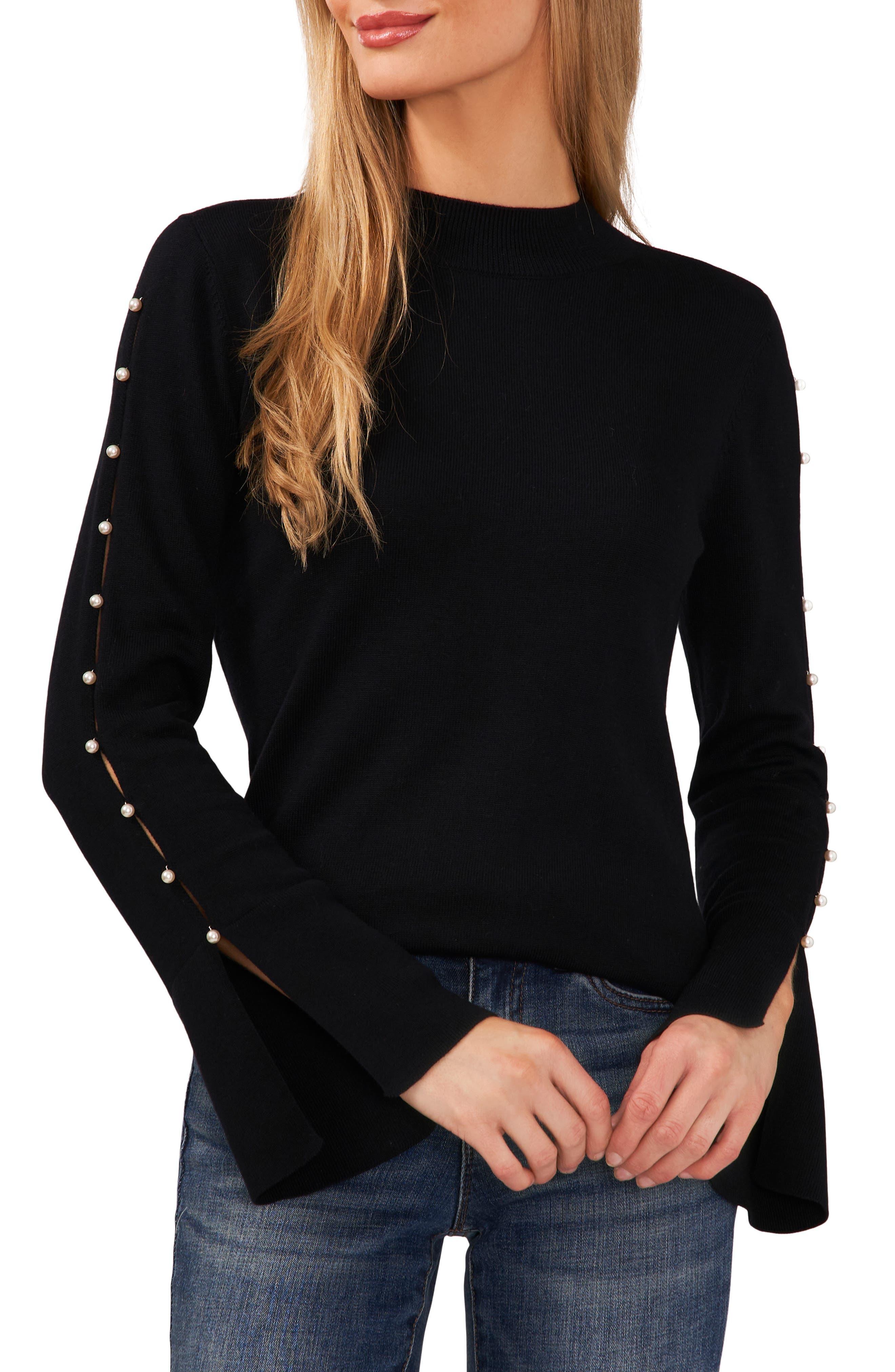 Cece Imitation Pearl Accent Mock Neck Sweater in Black Lyst