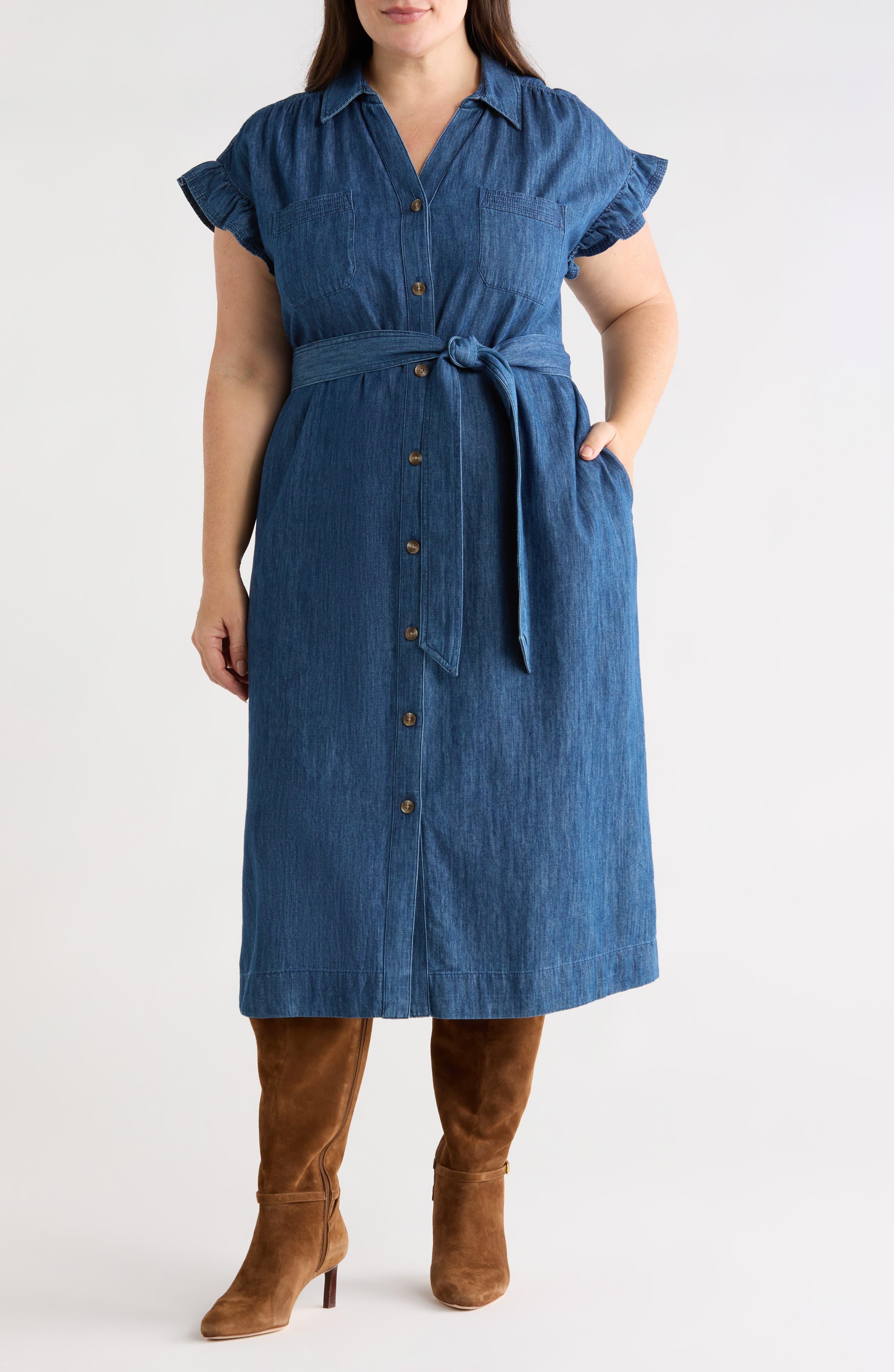 caslon denim dress Flutter Sleeve Tie Waist Midi in Blue Dress nordstrom Core Colors:Blue Checks [CODE: CONCERT10] Concert Outfits Lineup DAZY Allover Print Puff Mini length