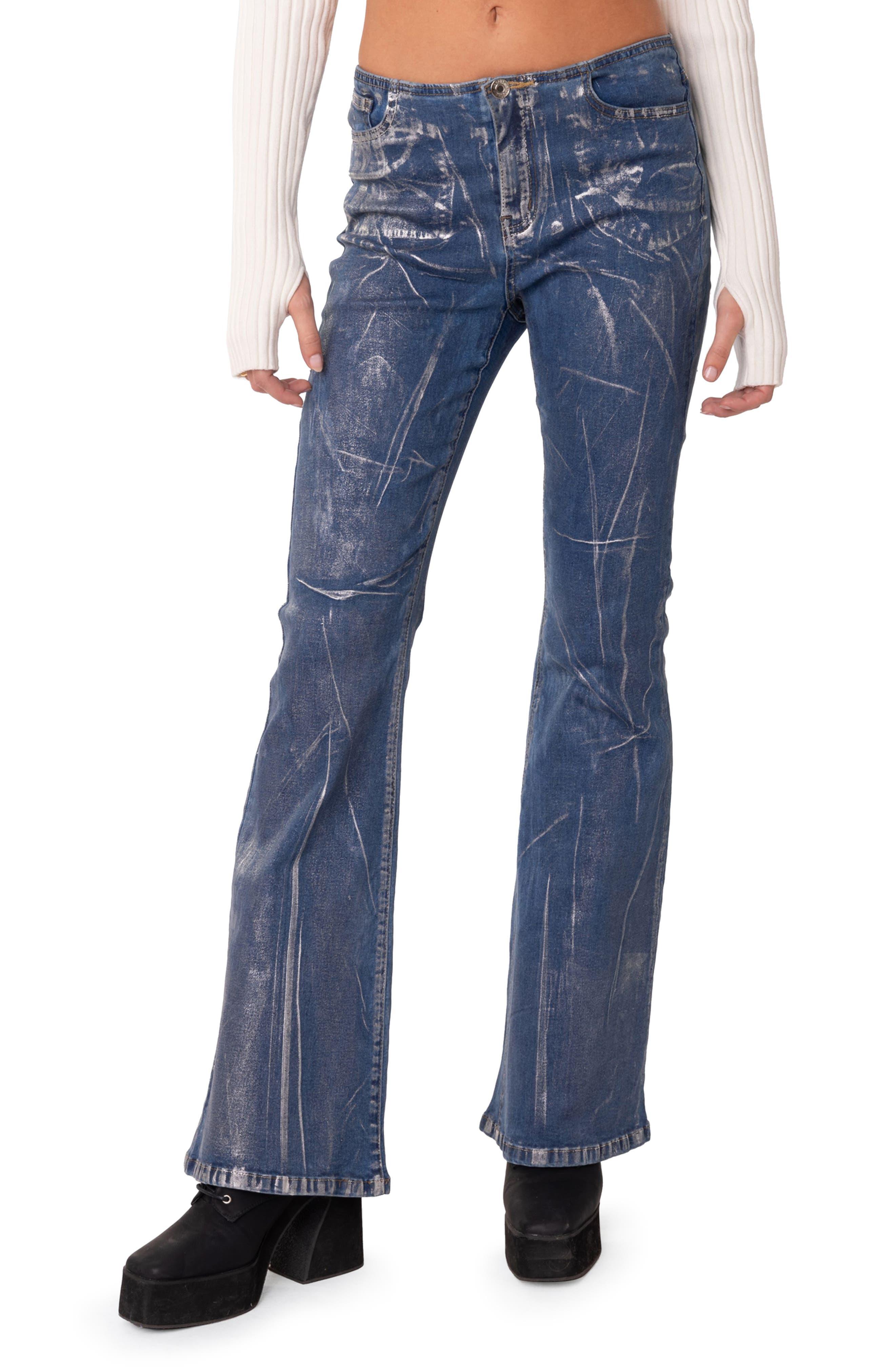Edikted Metallic Coated Low Rise Flare Jeans in Blue | Lyst