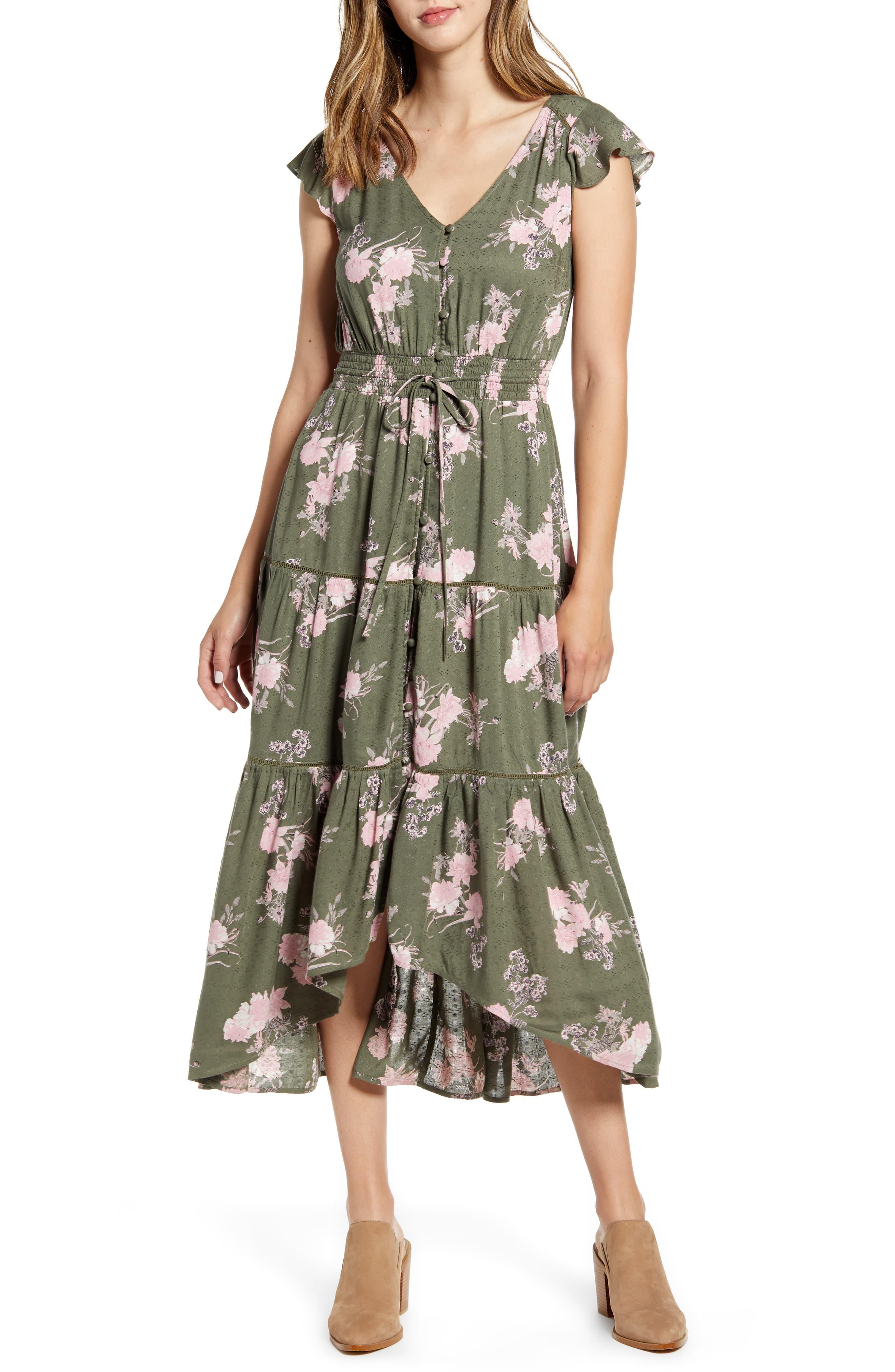 Lucky Brand Felice Tiered Ruffle Midi Dress in Green - Lyst