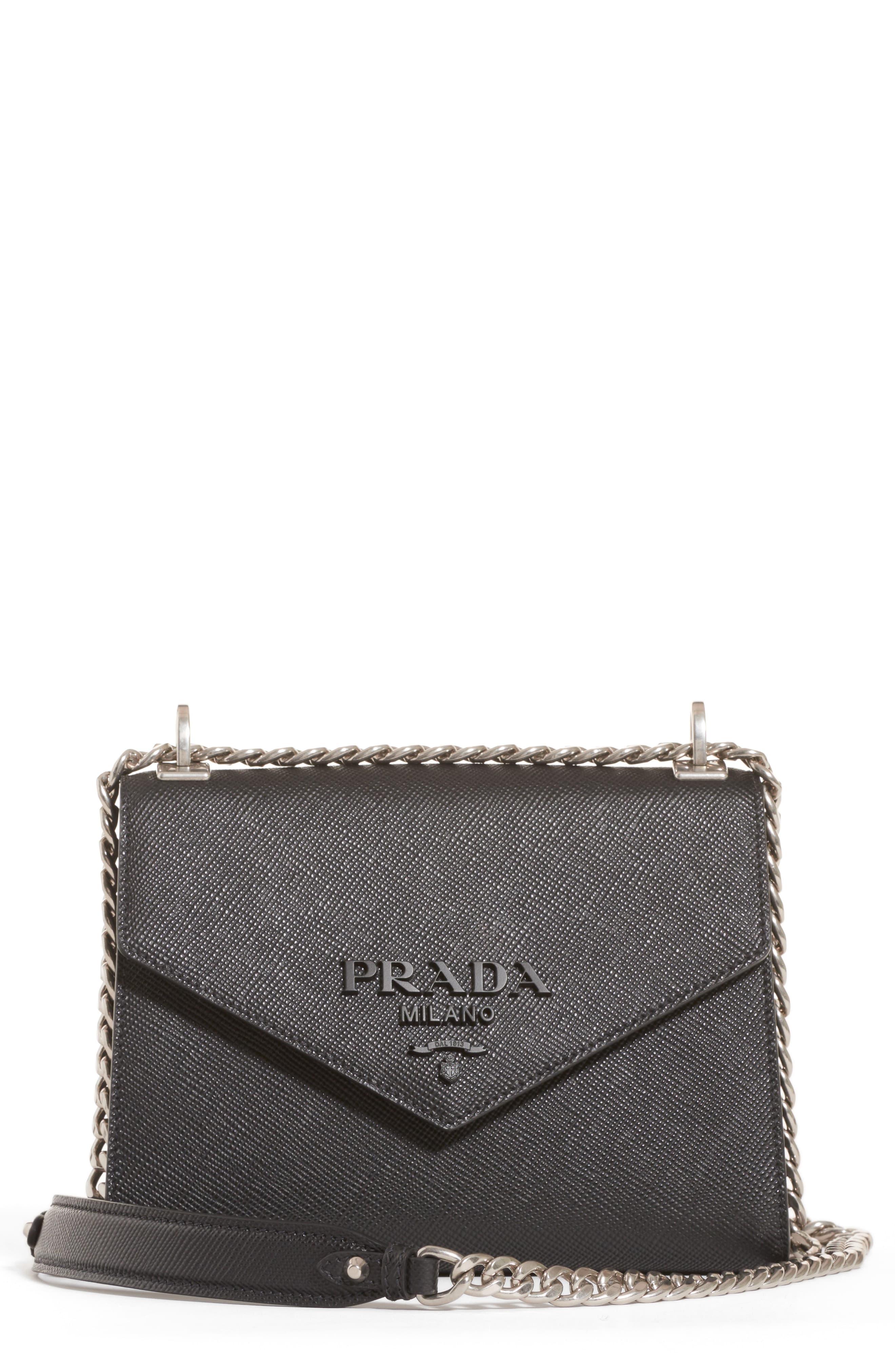 Prada monochrome saffiano top leather chain shoulder bag