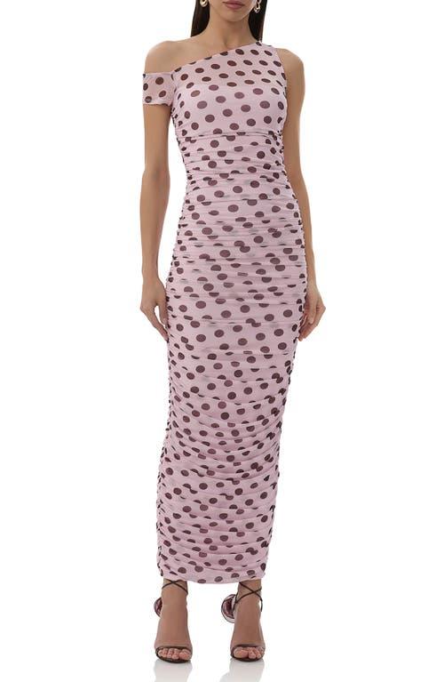 afrm biona asymmetrical ruched dress AFRM Biona Chocolate Halo Dot Ruched Mesh One-Shoulder Midi Dress
