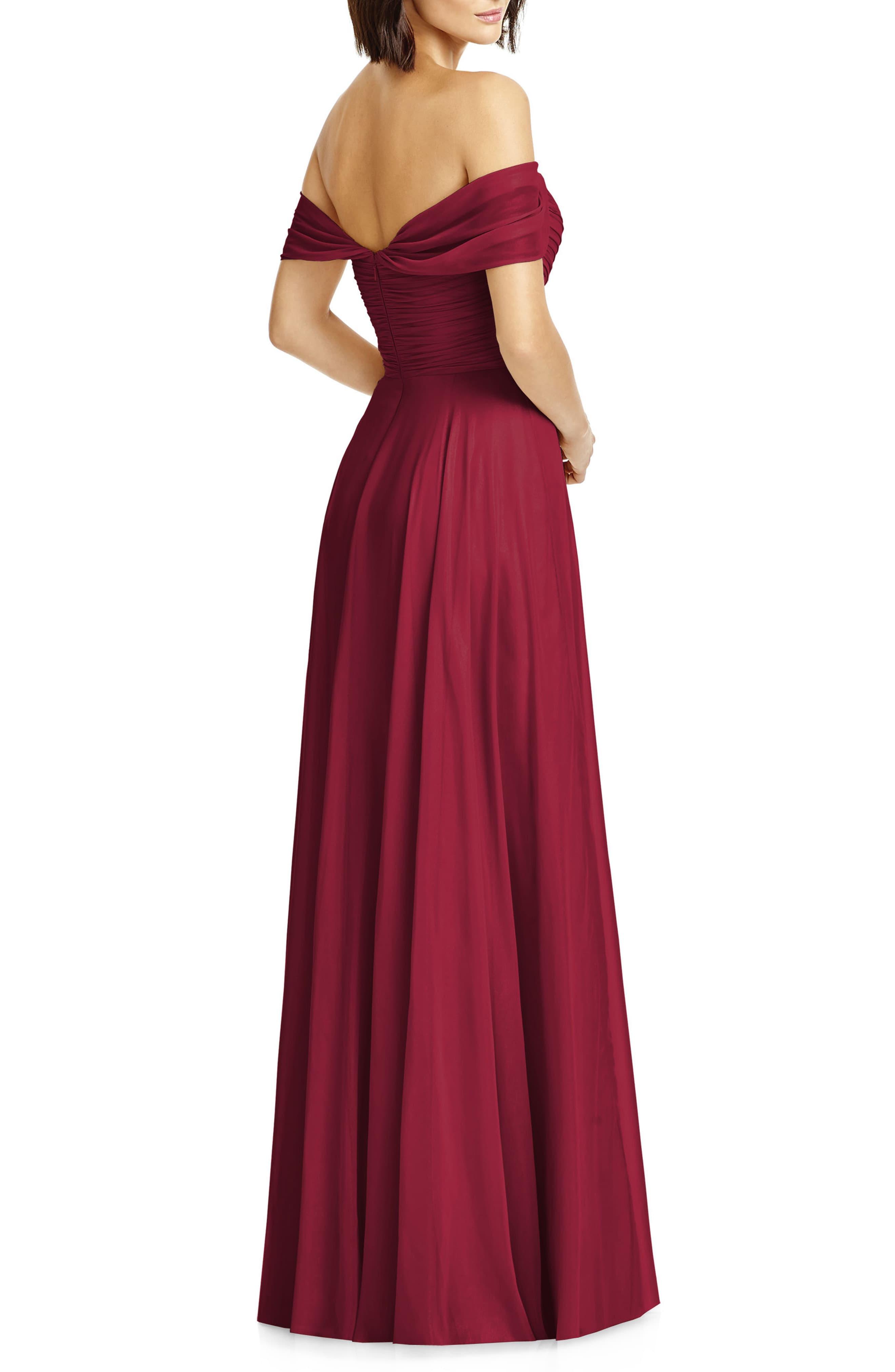 lux ruched off the shoulder chiffon gown