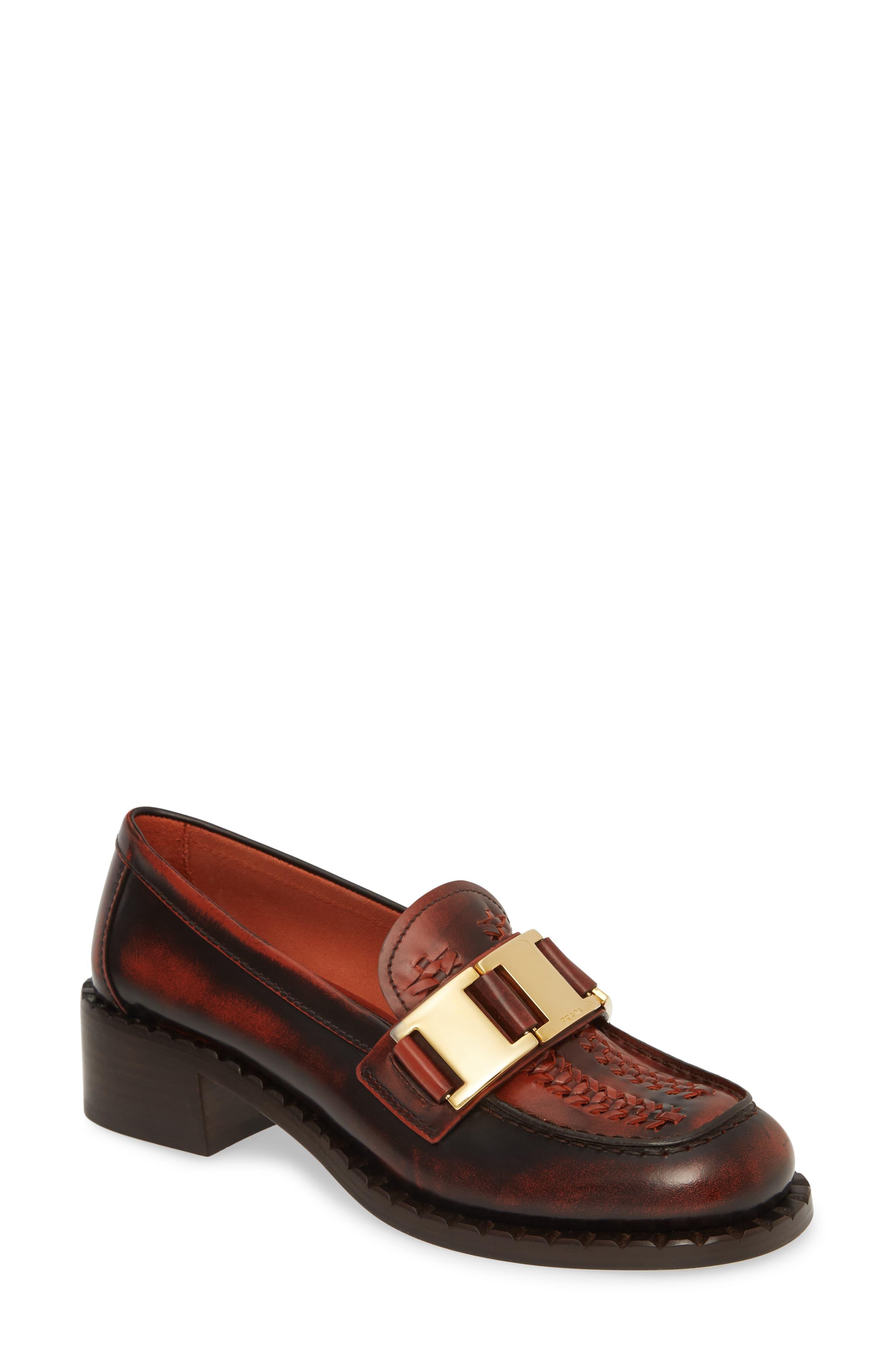 prada monogram heeled loafers
