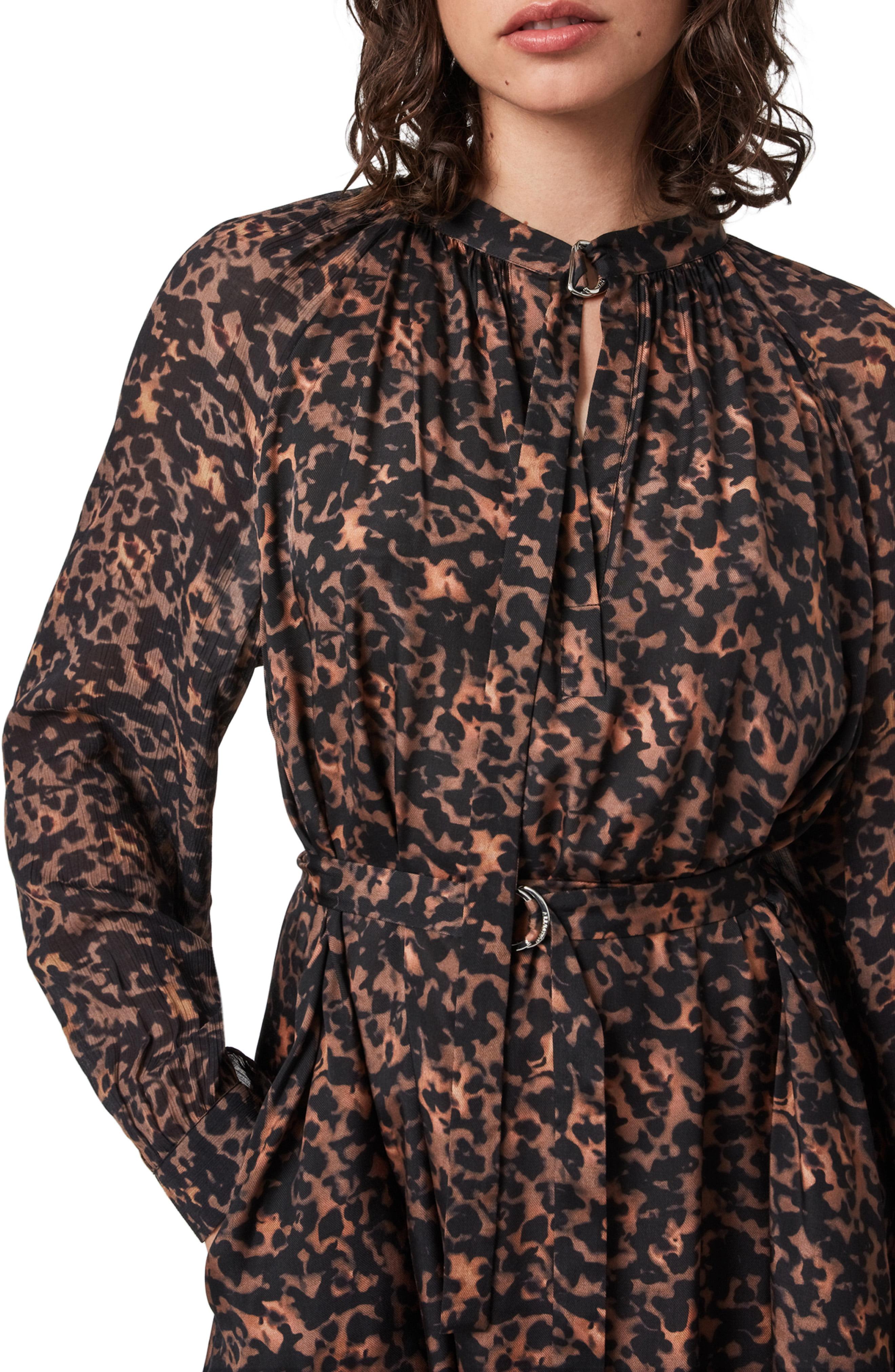 AllSaints Print Belted Long Sleeve Dress in Brown Lyst