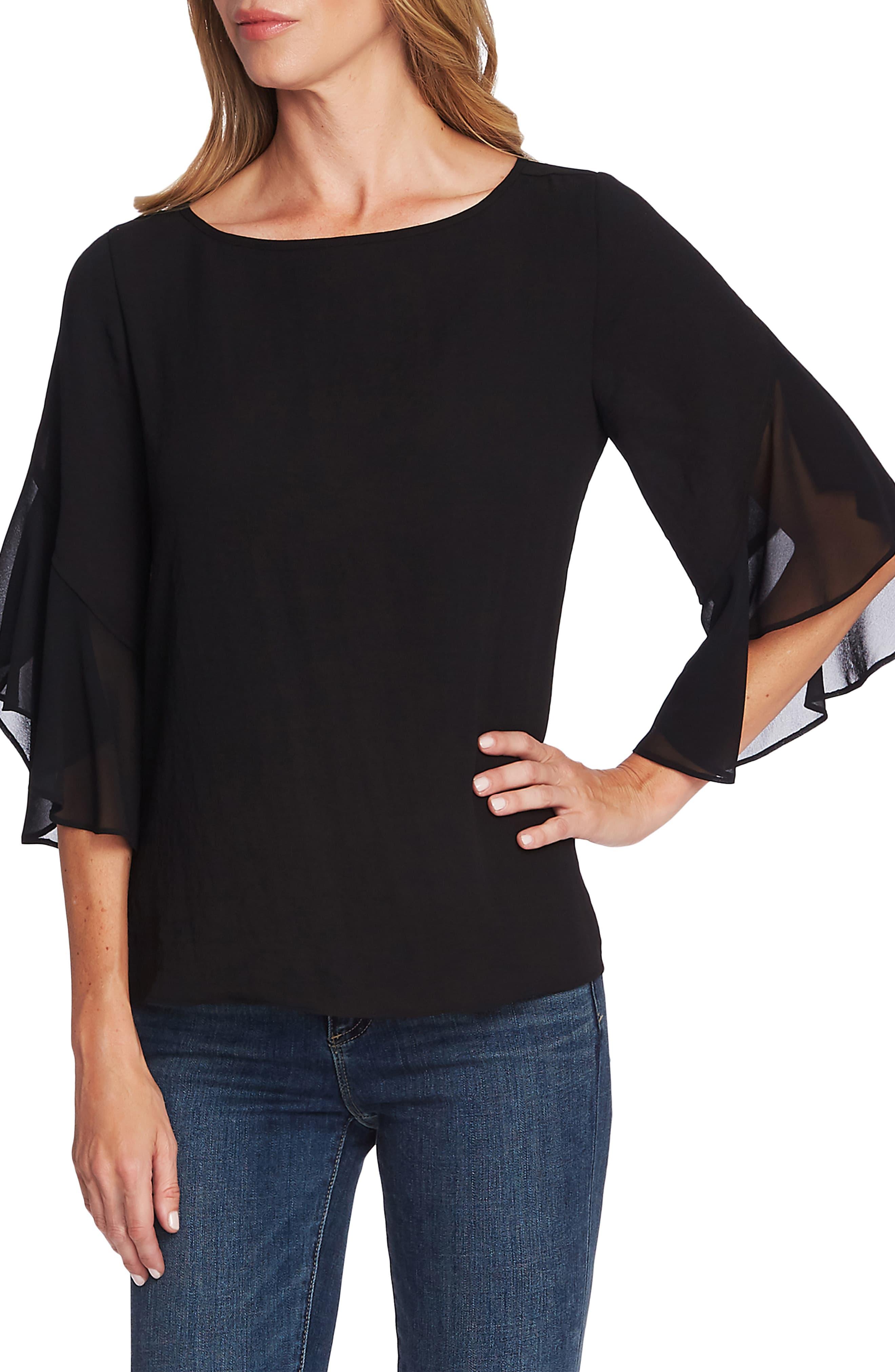 Vince Camuto Chiffon Detail Ruffle Sleeve Blouse in Black - Lyst