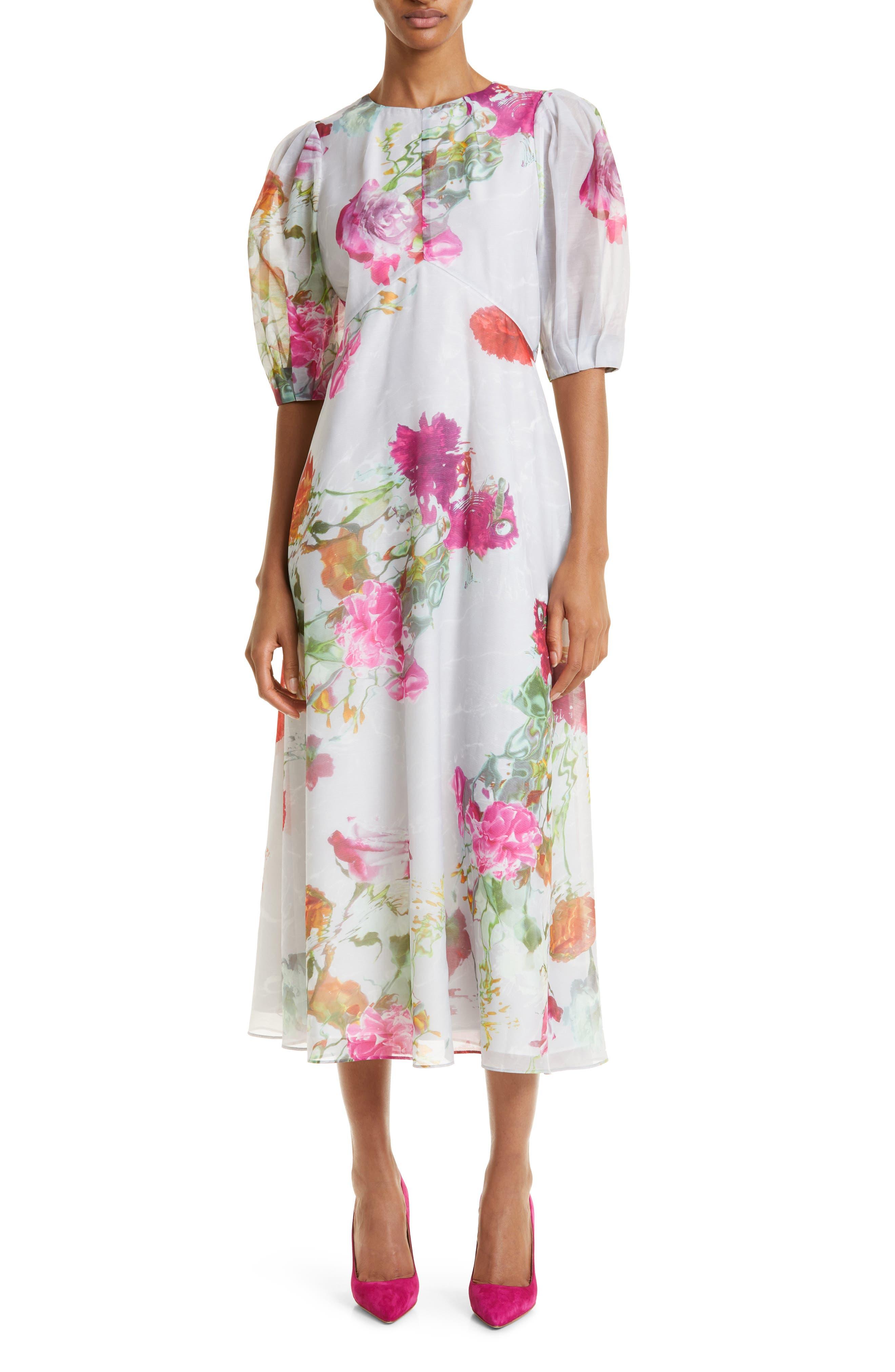 Ted Baker Mekayla Floral Puff Sleeve Midi Dress in White | Lyst