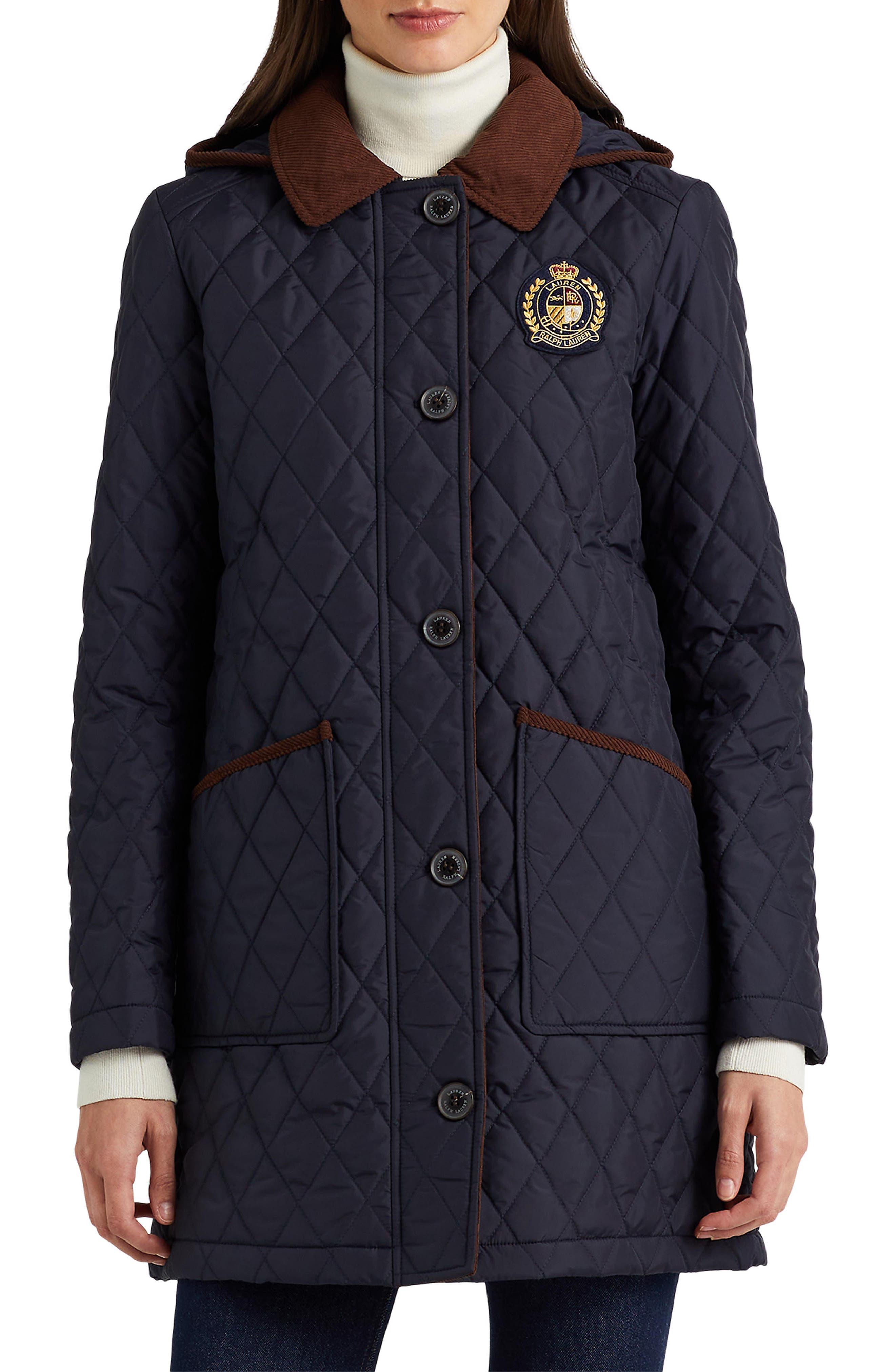 Lauren by Ralph Lauren Quilted Crest Hooded Coat in Blue Lyst