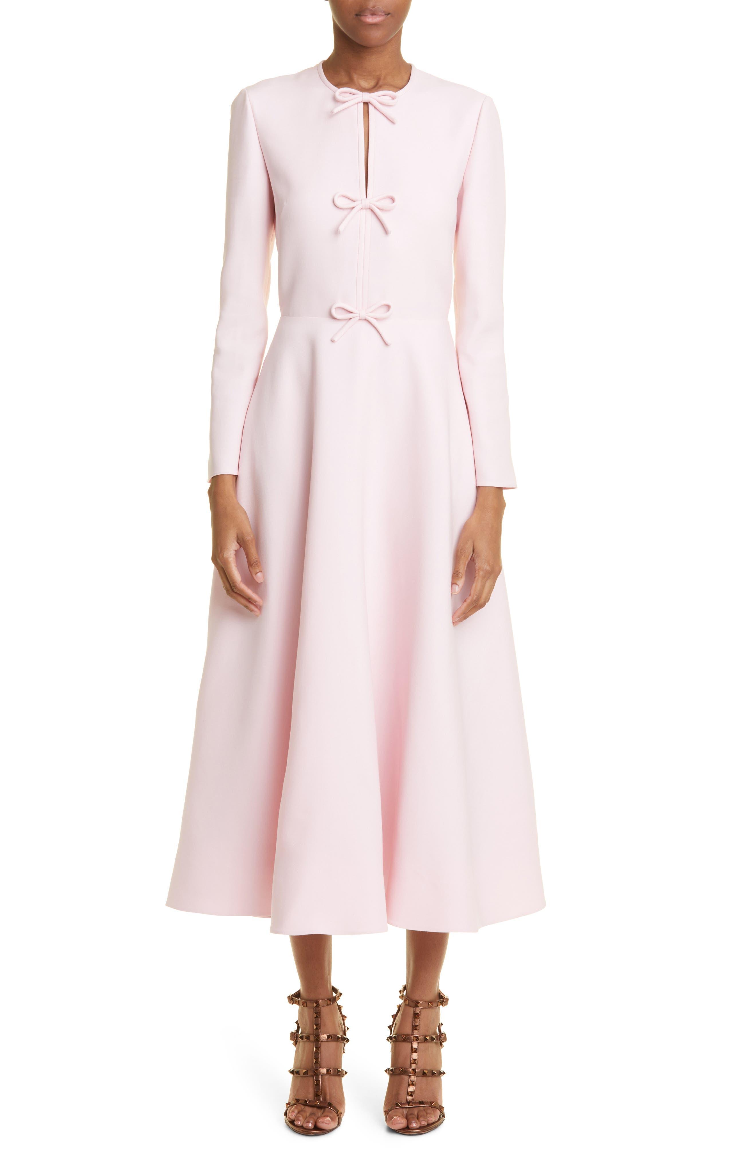 Valentino Garavani Bow Detail Long Sleeve Crepe Couture Midi Dress in Pink