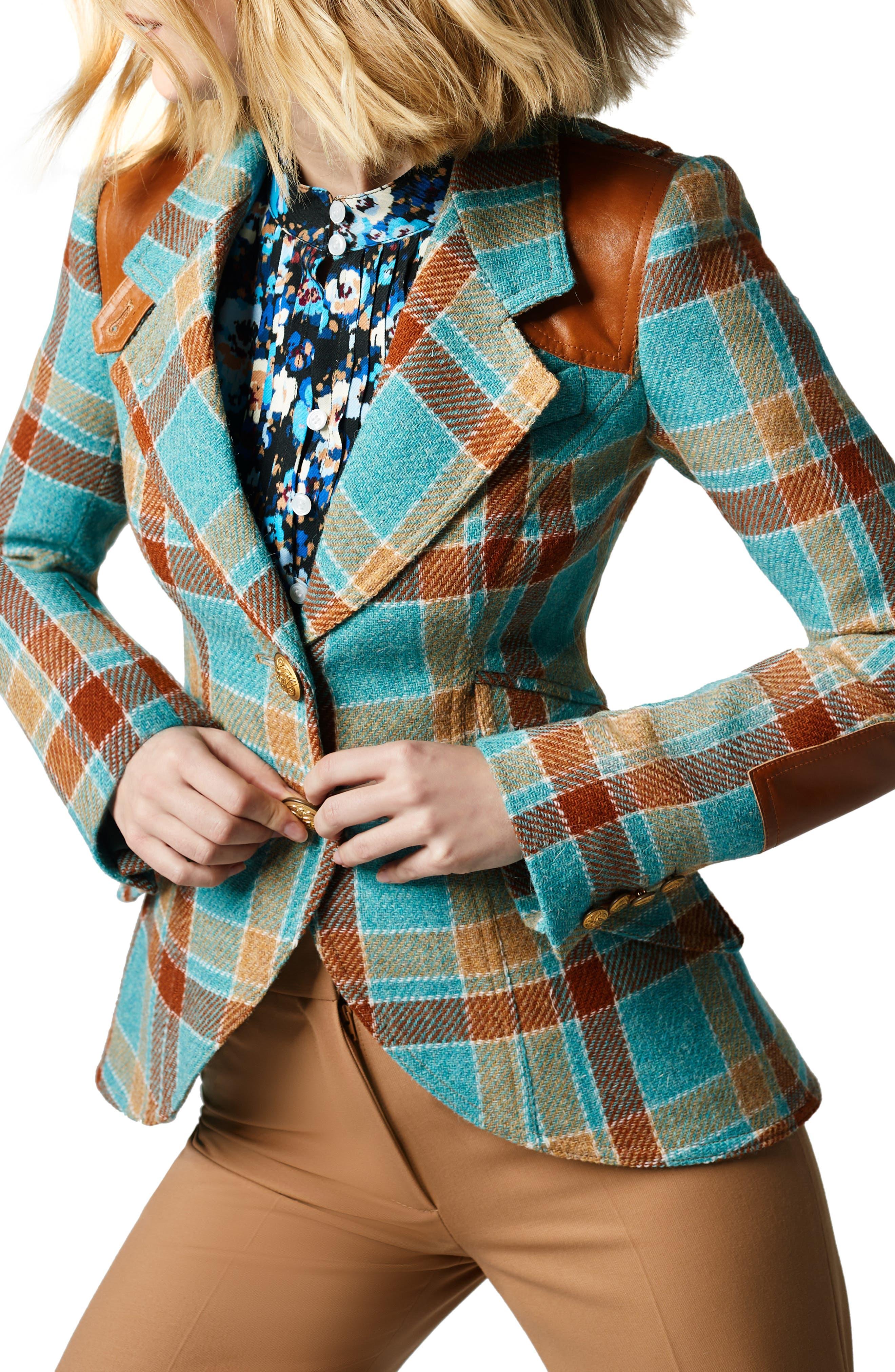 Smythe Hunting Plaid Leather Panel Wool Blazer in Blue Lyst