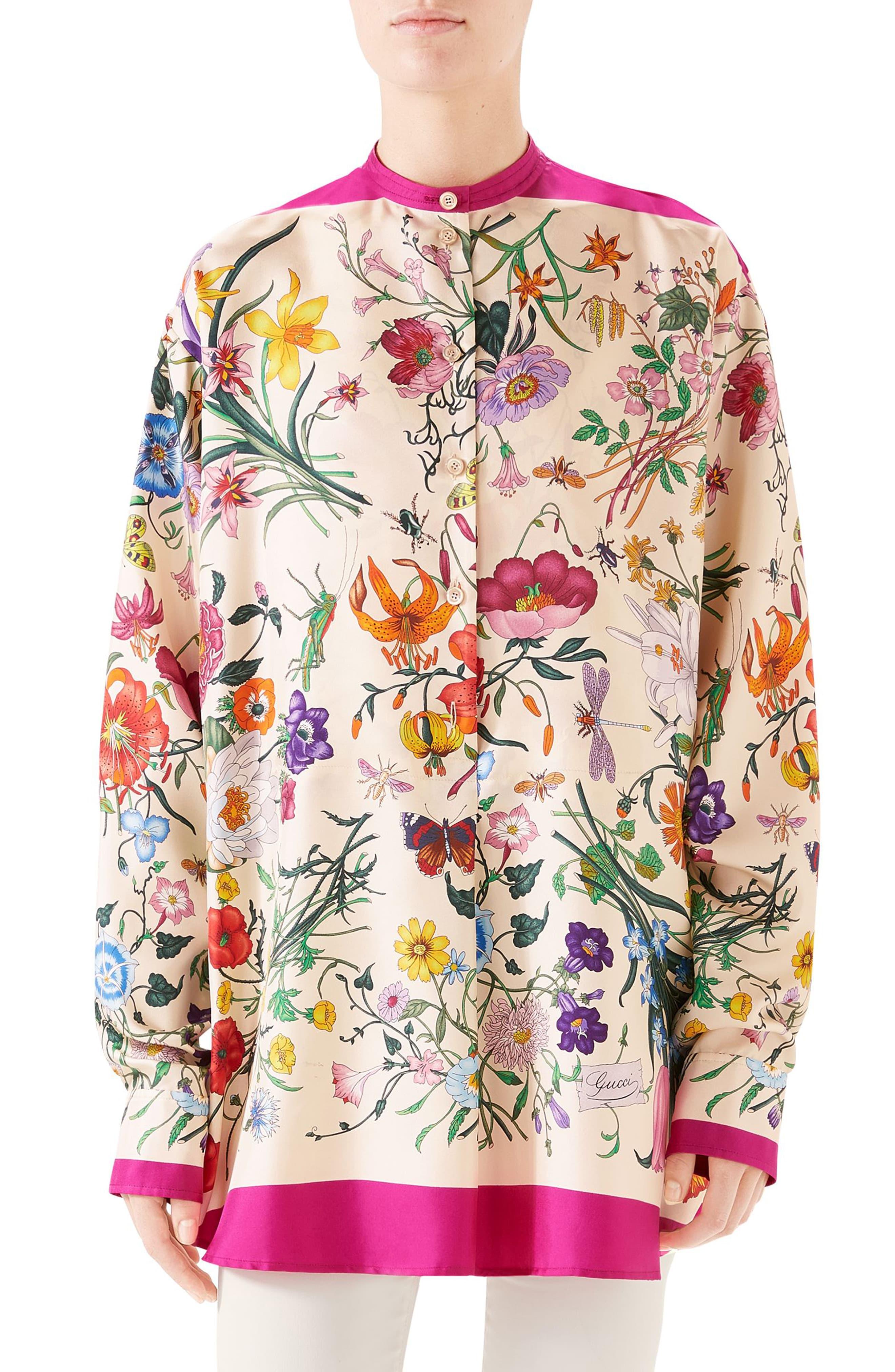Gucci Oversized Floral Print Silk Twill Shirt - Lyst