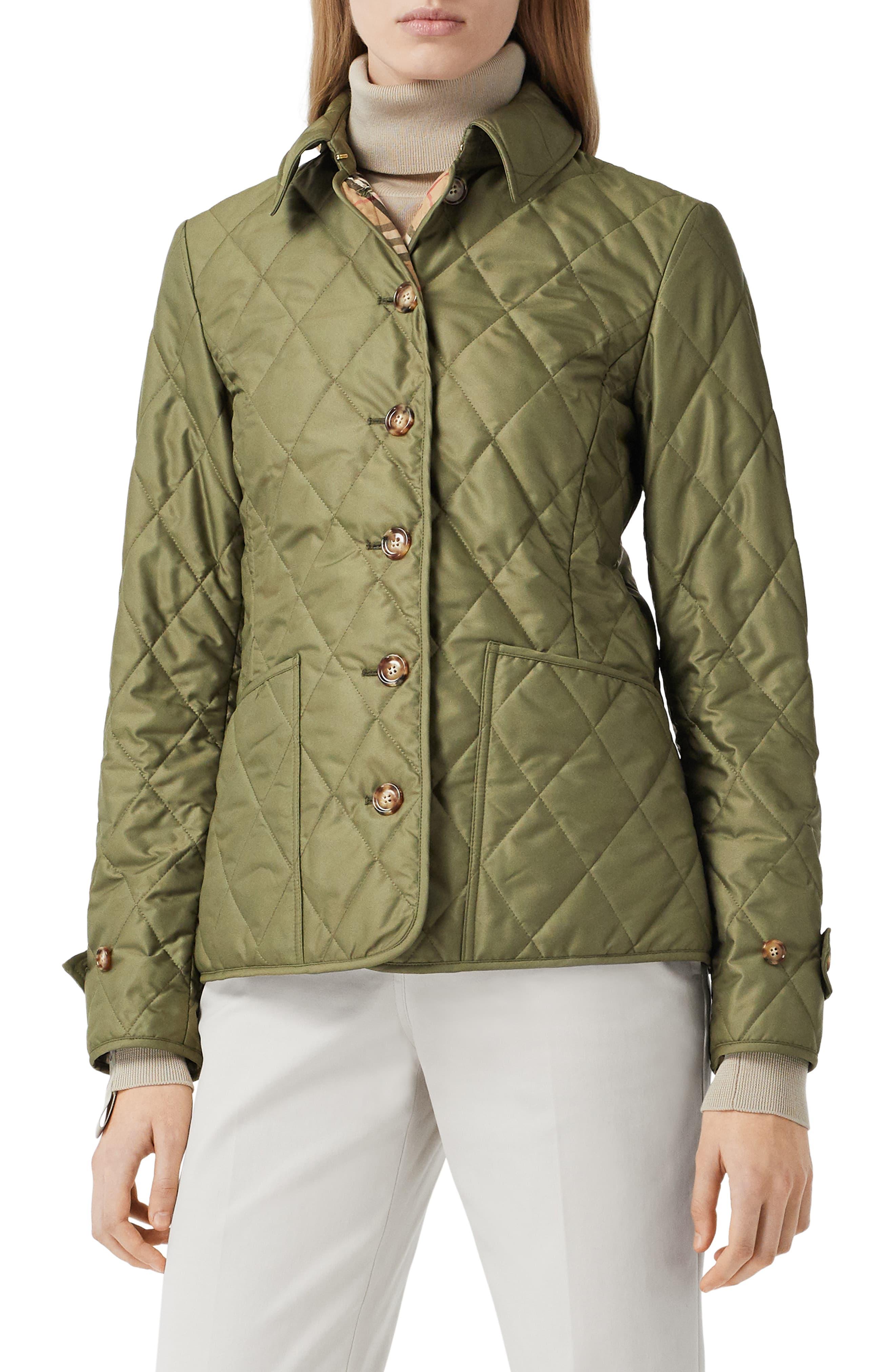 Burberry Leather Diamond Quilted Thermoregulated Jacket in Olive Green