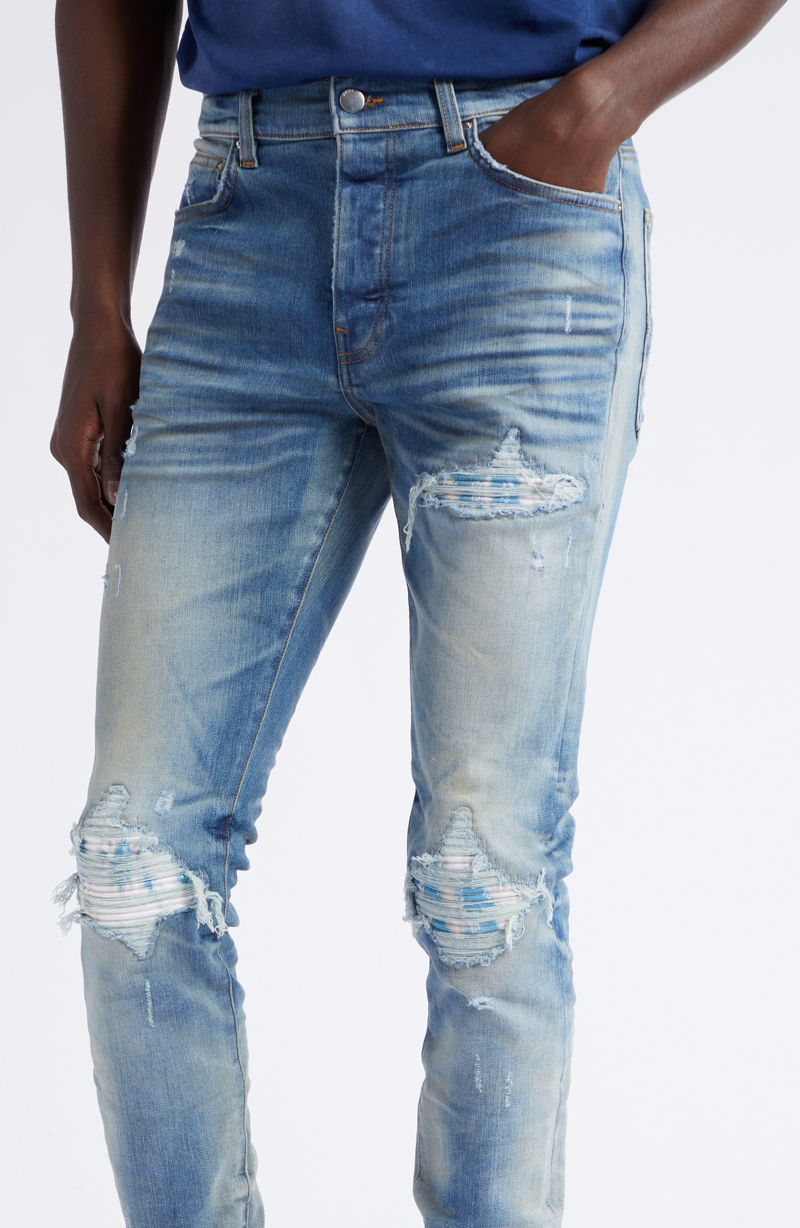 Amiri Mx1 Paisley Patch Ripped Stretch Skinny Jeans in Blue