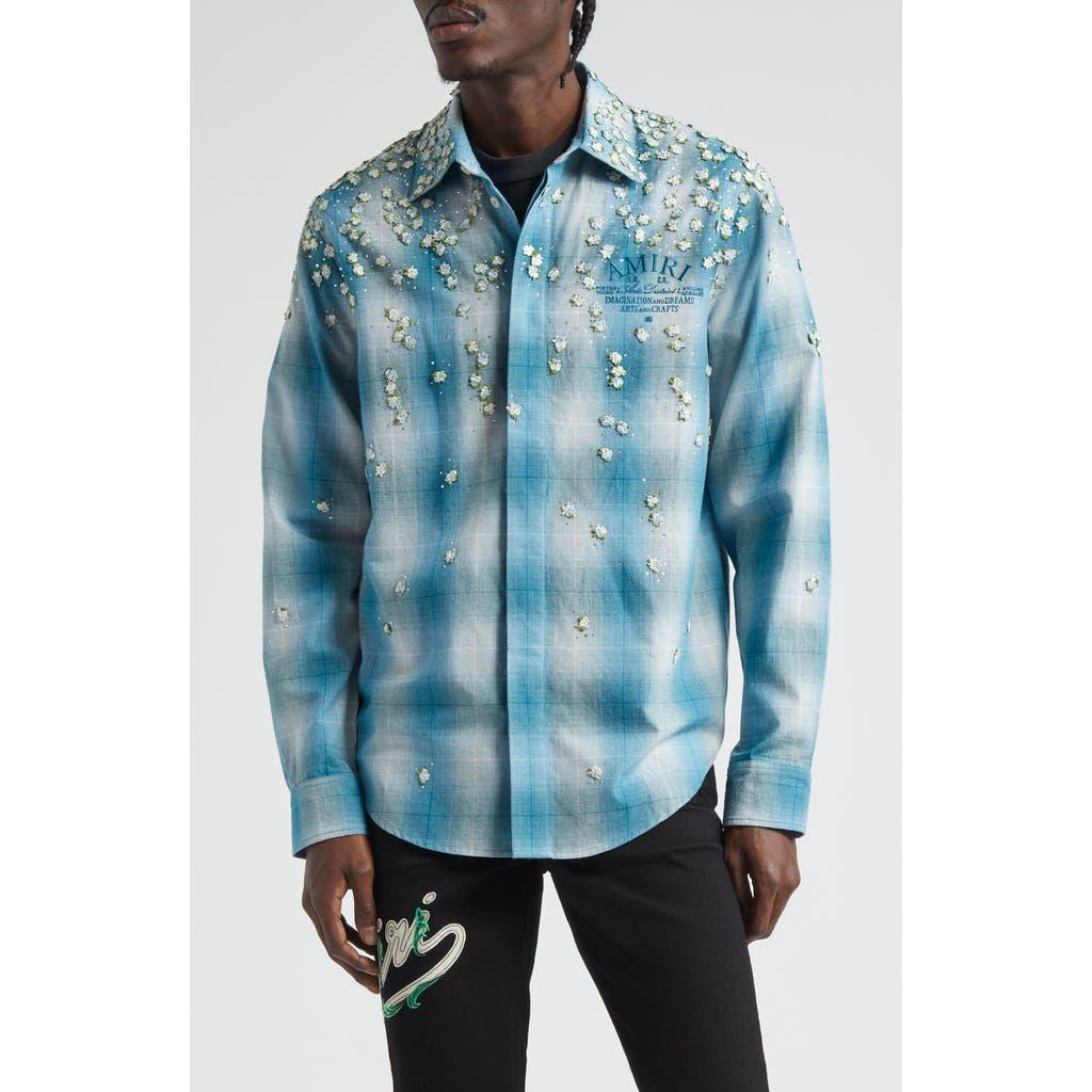 Amiri Floral & Crystal Embellished Plaid Flannel Button-Up Shirt