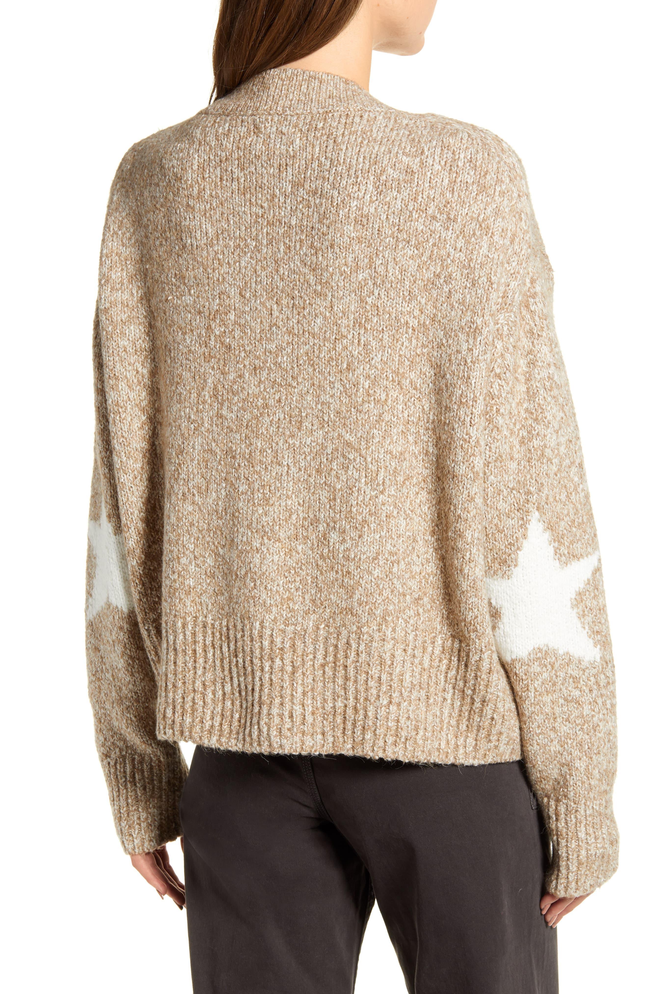 grey cardigan with gold stars on elbows