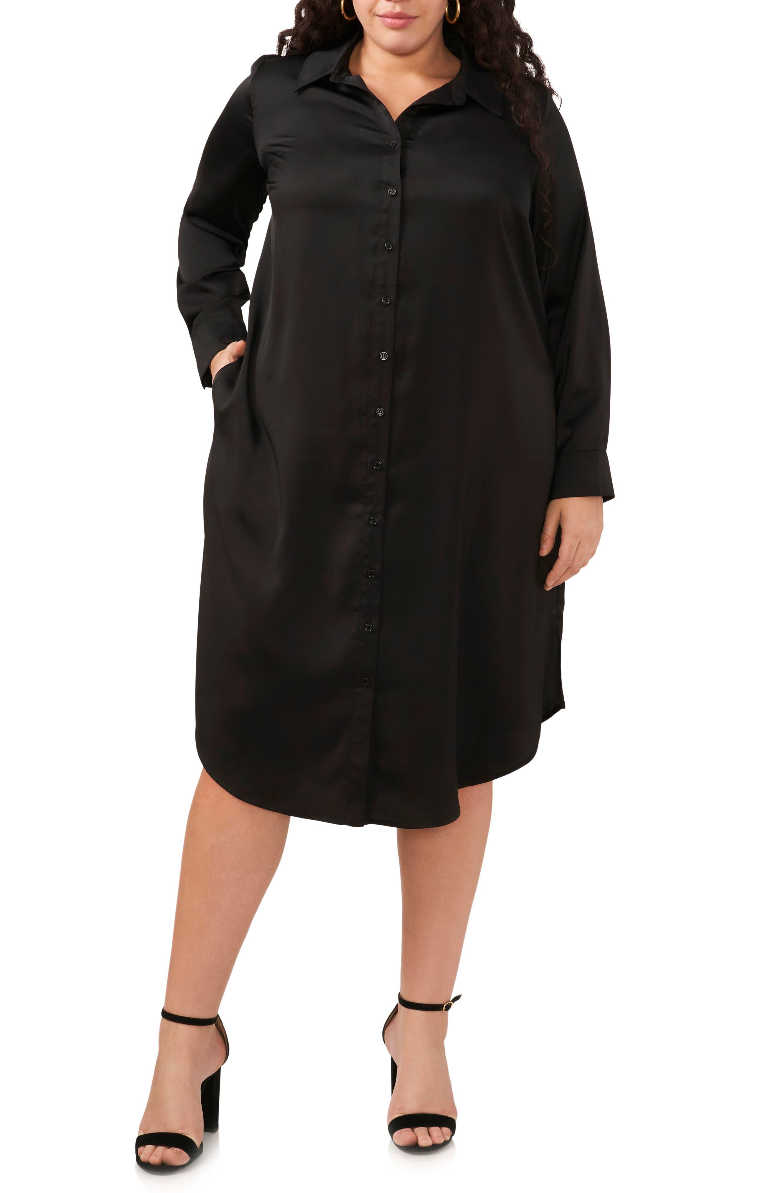 Vince Camuto Long Sleeve Satin Midi Shirtdress in Black Lyst