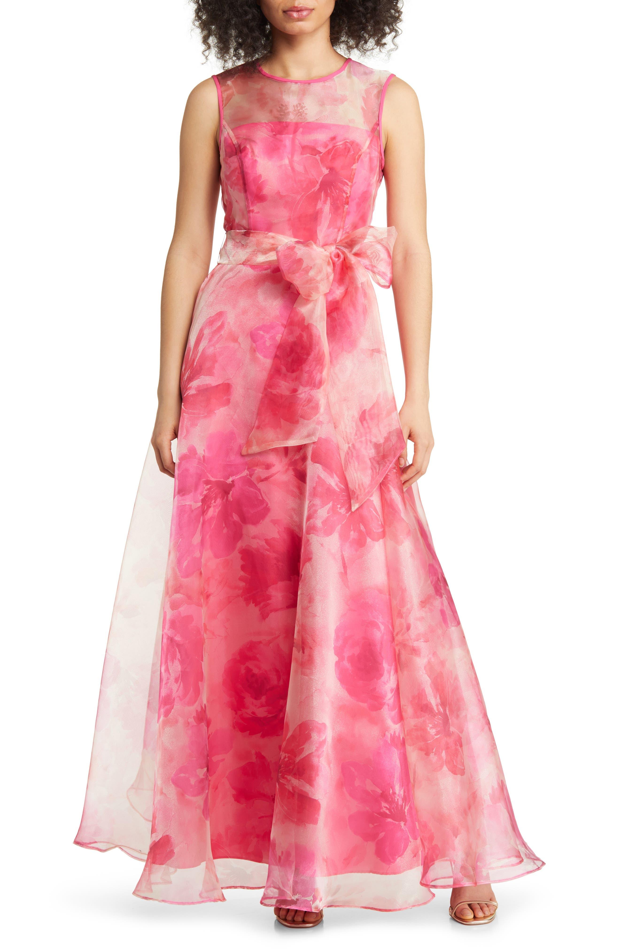 Eliza J Floral Illusion Neck Organza Ballgown in Pink | Lyst