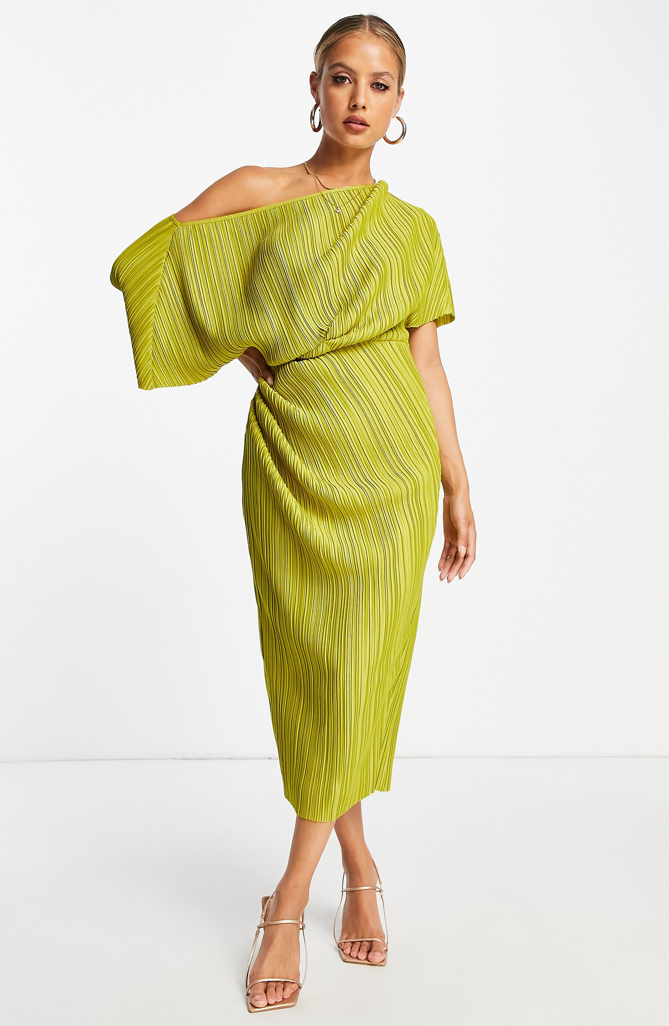 ASOS Fallen Shoulder Plissé Midi Dress in Yellow | Lyst