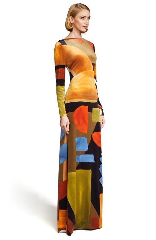Halston Rekha Geo Print Long Sleeve Velvet Gown in Orange Lyst