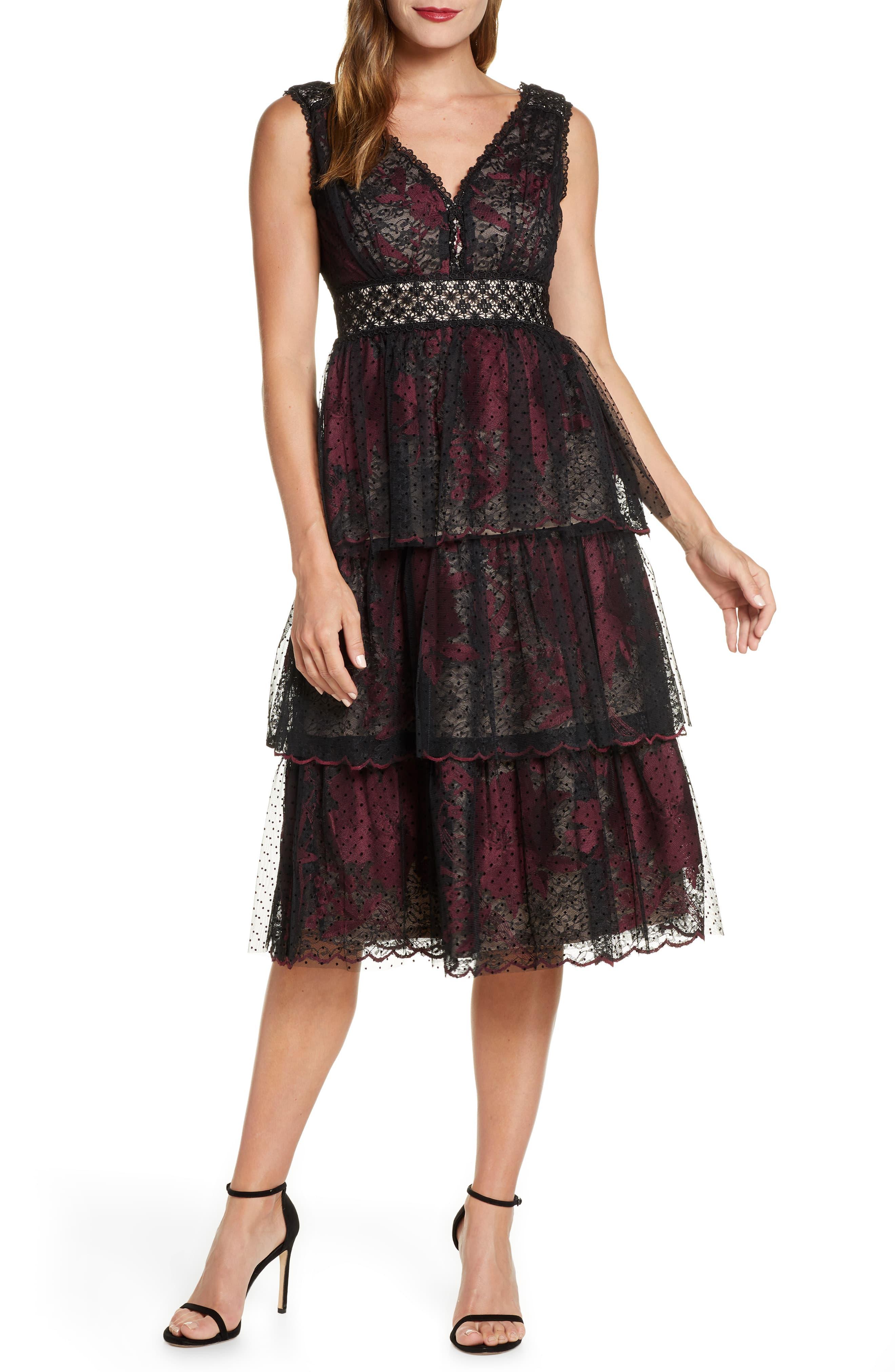 Taylor Dresses Tiered Lace Midi Dress in Black - Lyst