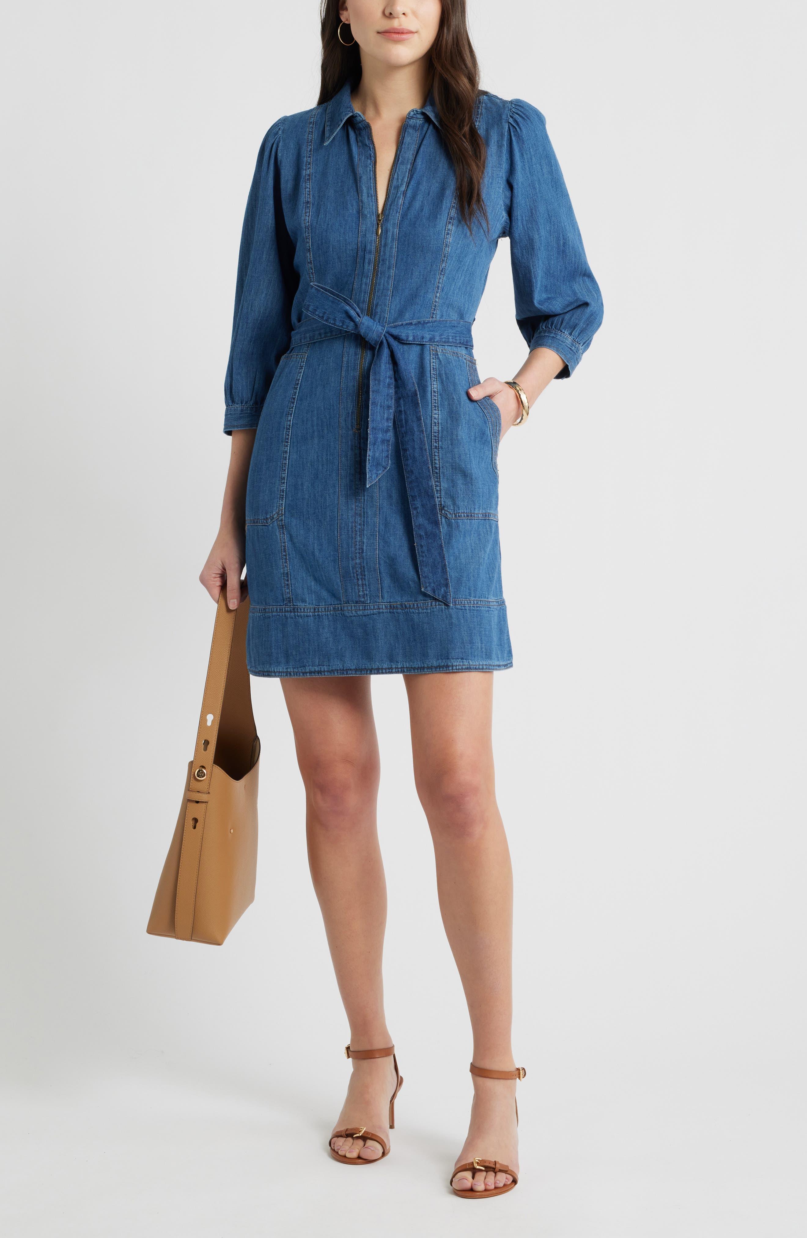 Caslon Zip Up Chambray Dress in Blue