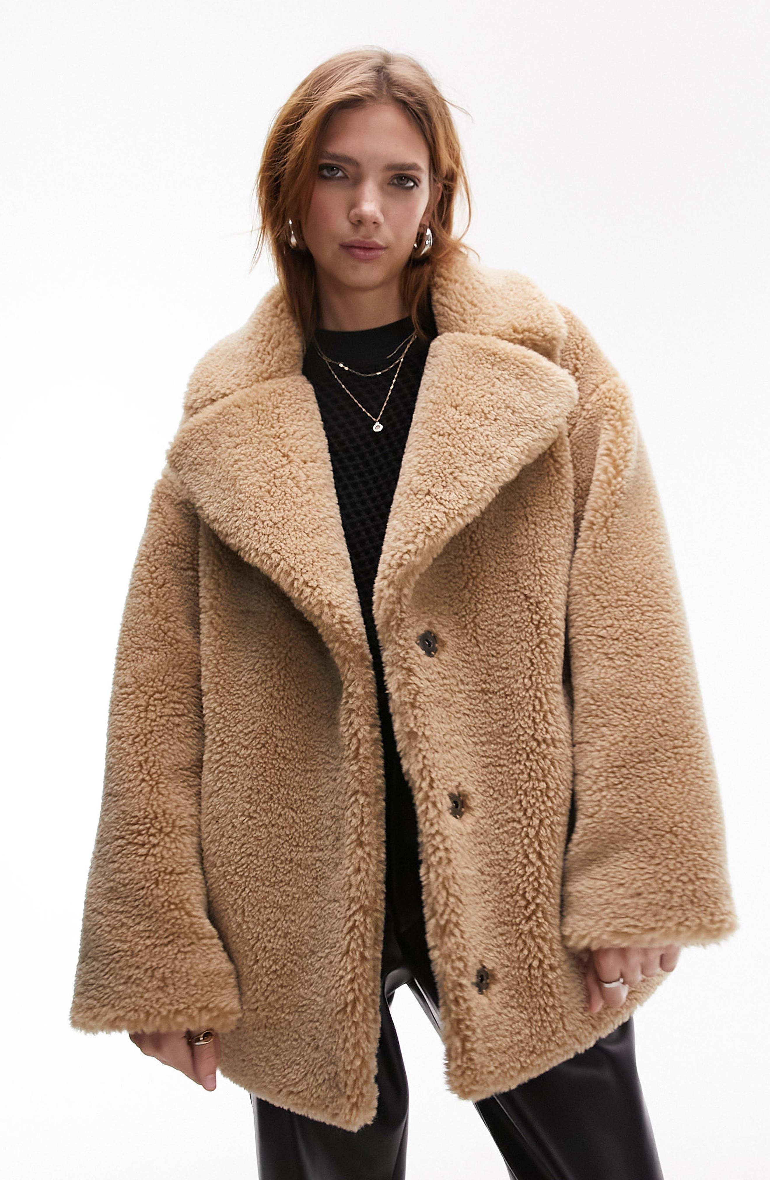 TOPSHOP Borg Notch Collar Faux Shearling Coat in Brown Lyst