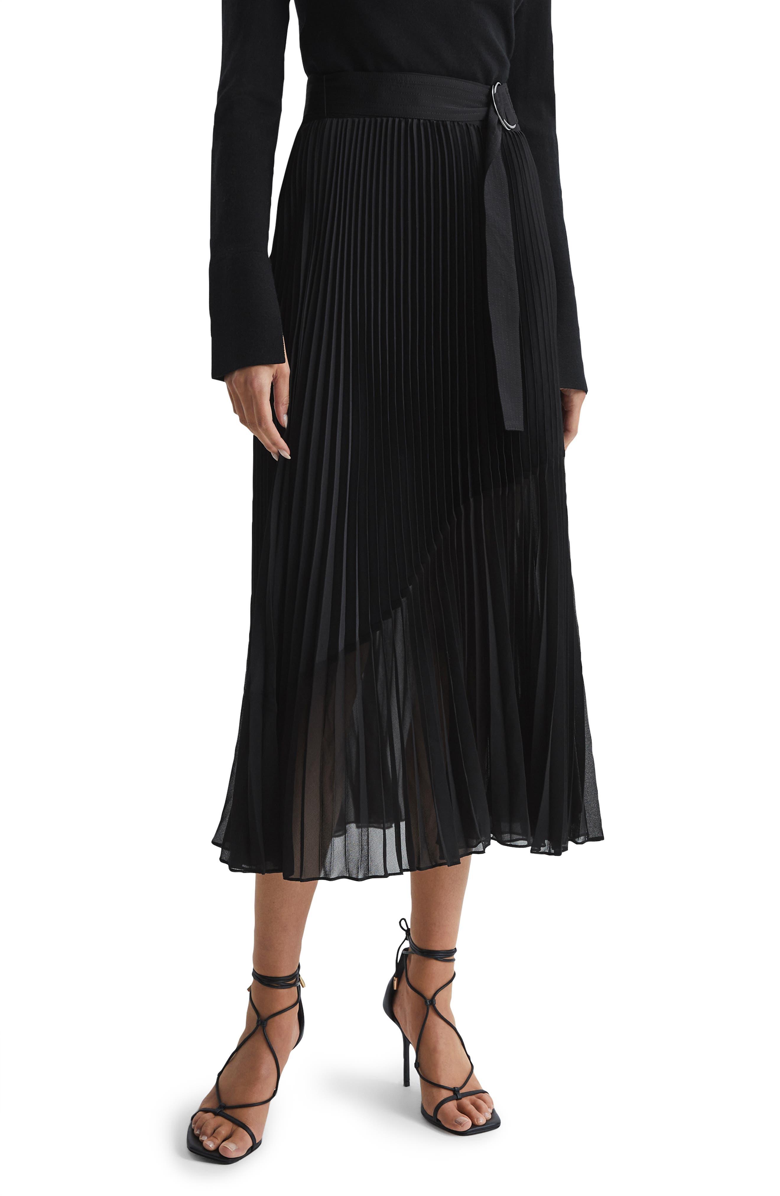 Reiss Anya Belted Pleated Midi Skirt in Black | Lyst