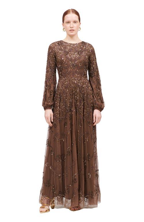MARYISA Modest Embellished Sequin Beaded A-Line Maxi Dress in Brown | Lyst