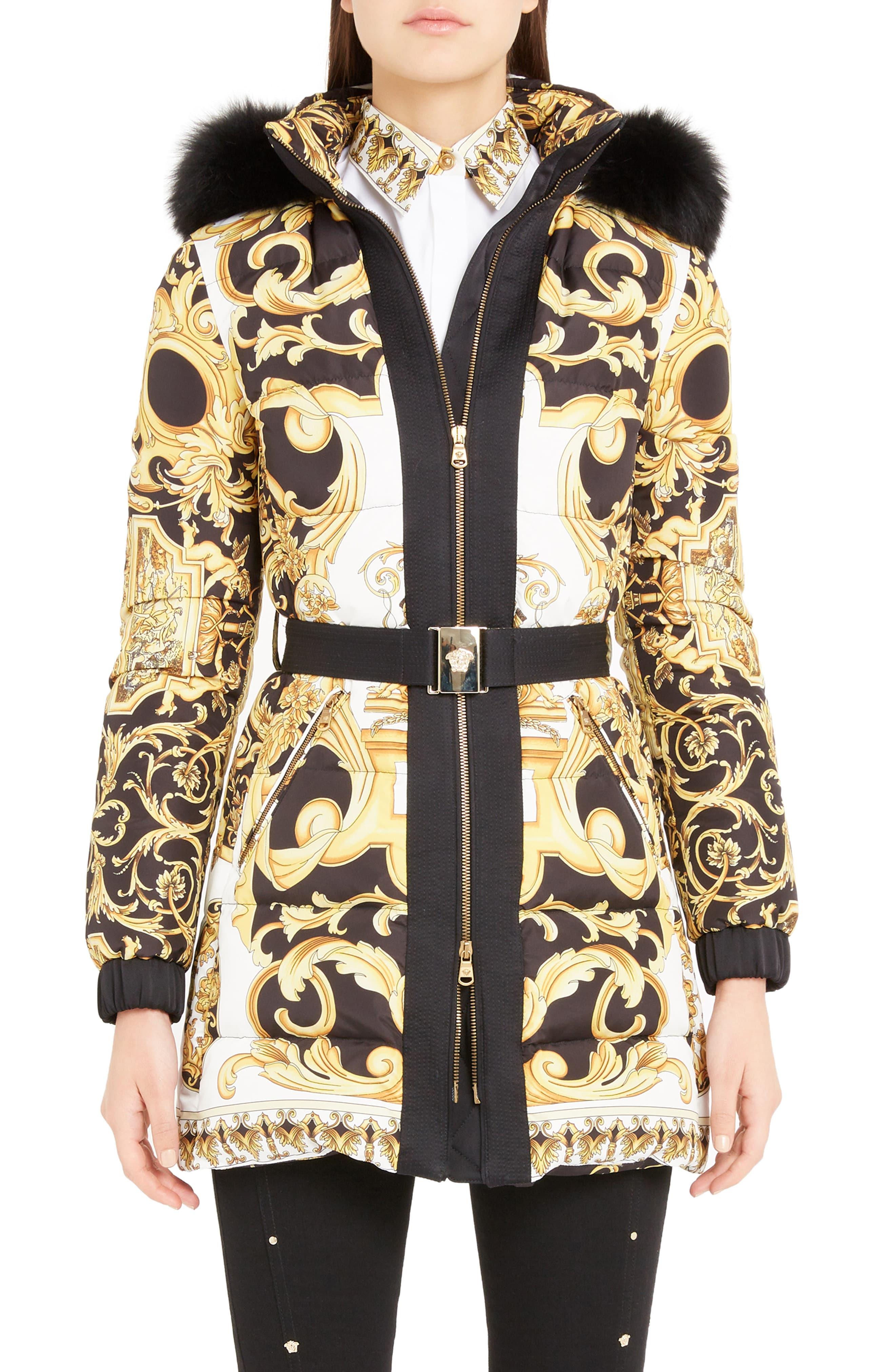 Versace Stamp Print Genuine Fox Fur Trim Quilted Coat in Yellow Lyst