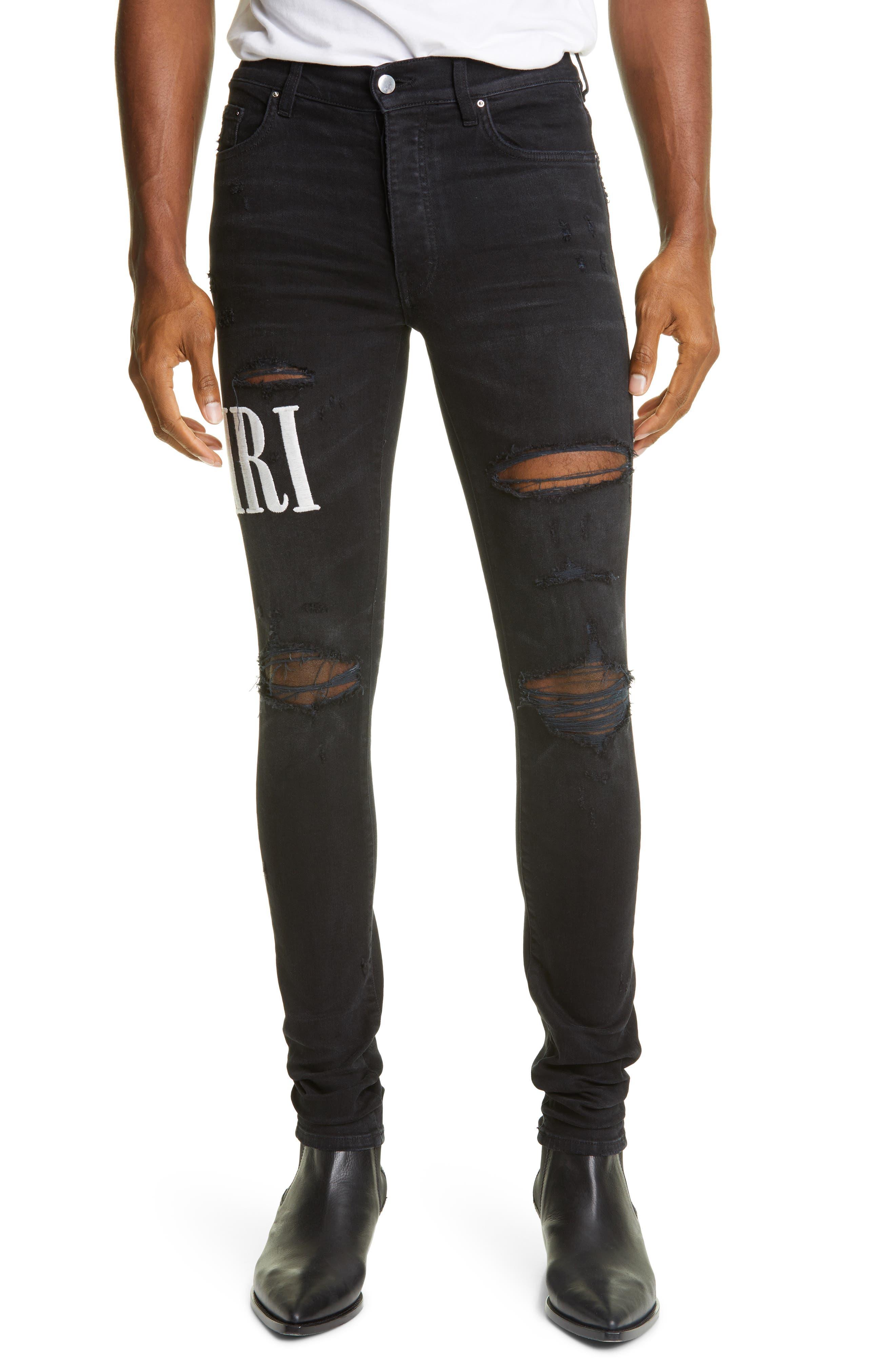 Amiri Logo Embroidered Ripped Skinny Jeans in Black for Men | Lyst