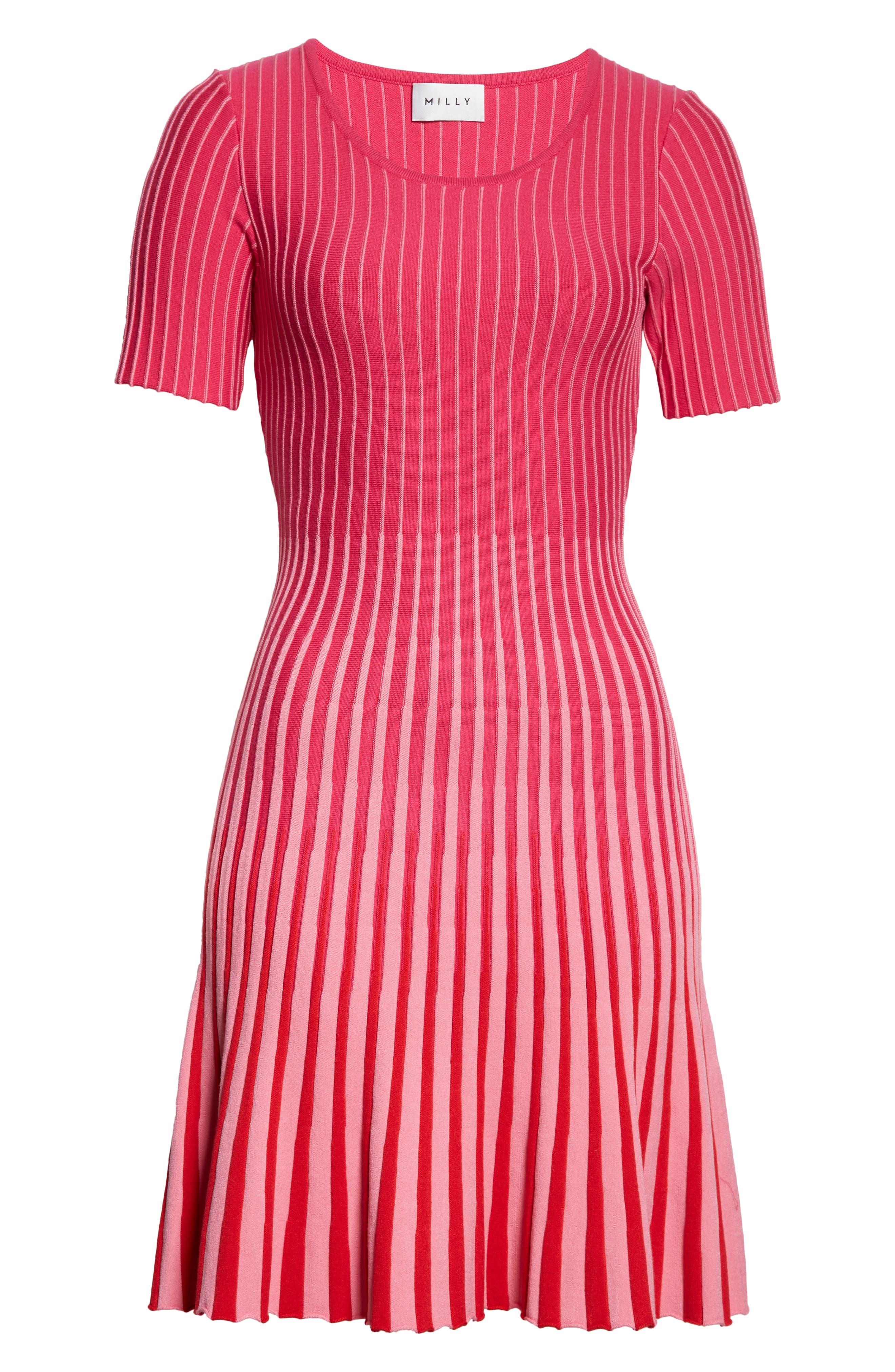 MILLY Inset Stripe Godet Dress in Red 