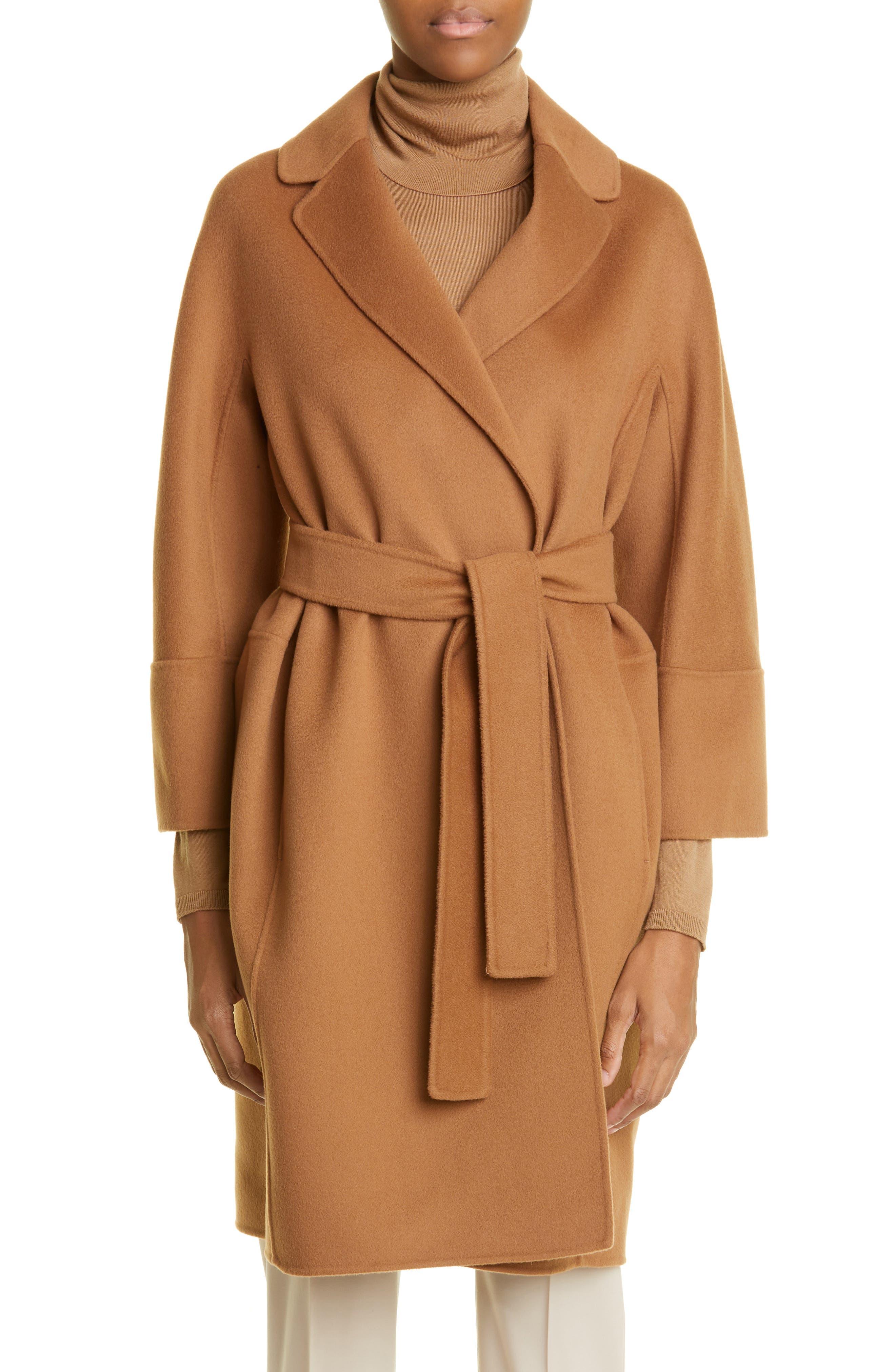 Max Mara Arona Belted Double Face Virgin Wool Wrap Coat in Brown