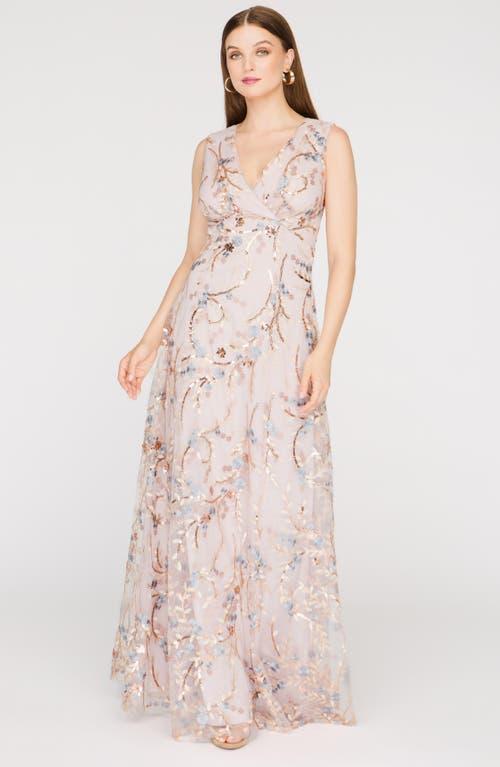 sachin and babi light blue dress Nordstrom JS Collections Sarah Floral Embroidered Tie Belt Gown Navy/Indigo  at Nordstrom,