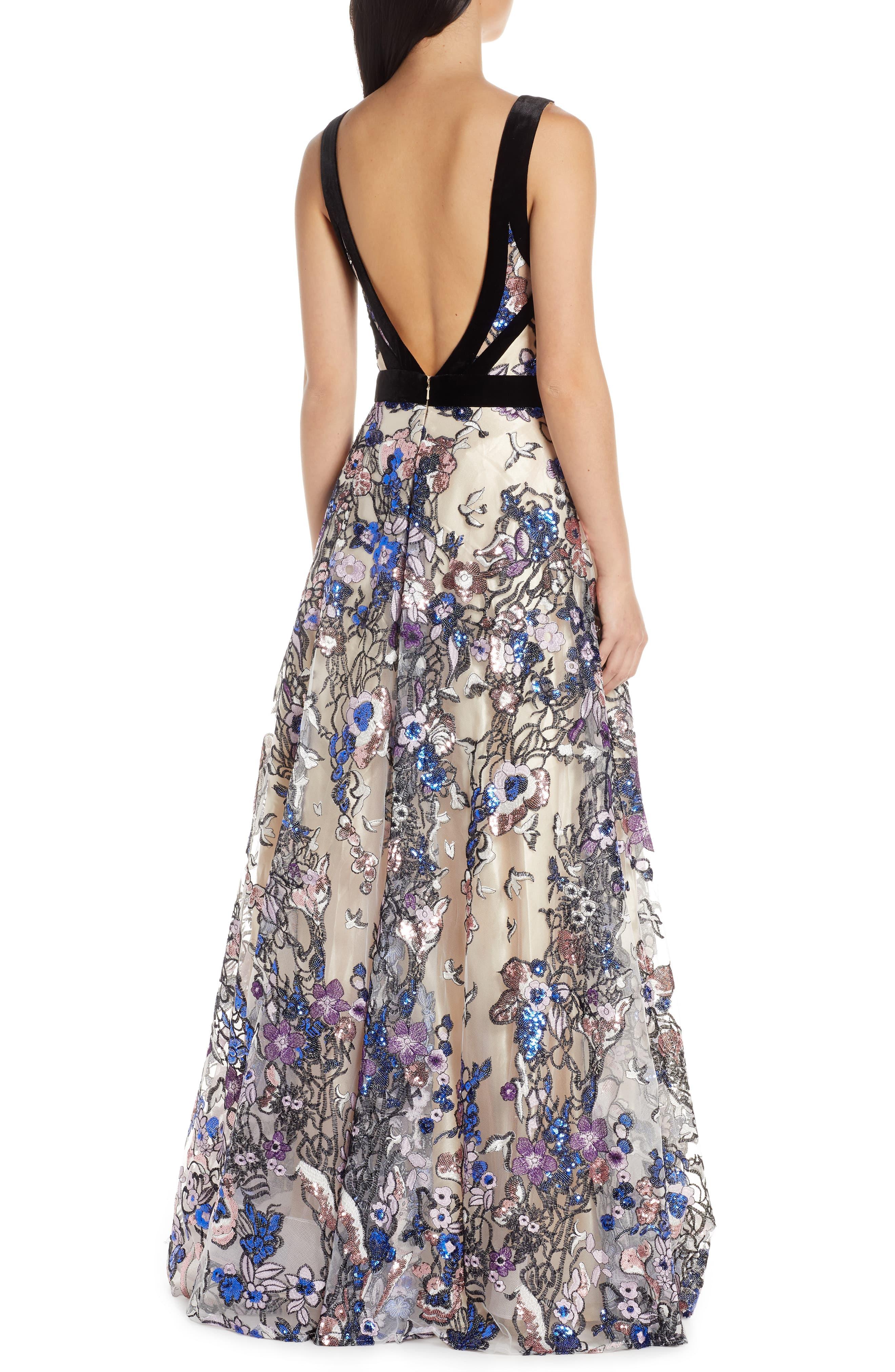mac duggal sequin leaf plunging sheath gown