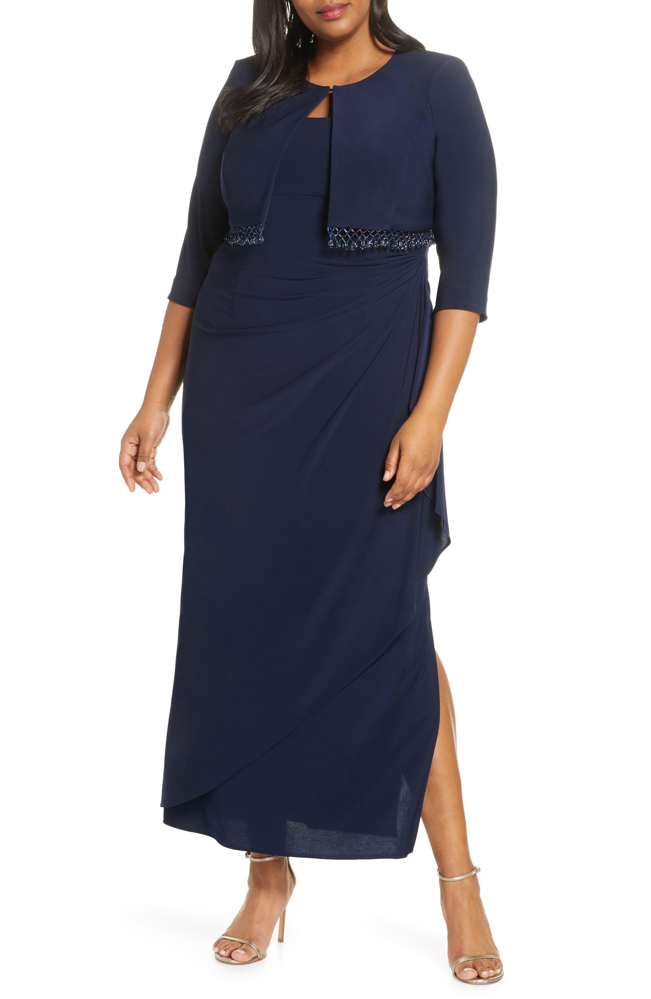 Alex Evenings Side Ruched Evening Dress With Bolero Jacket in Navy