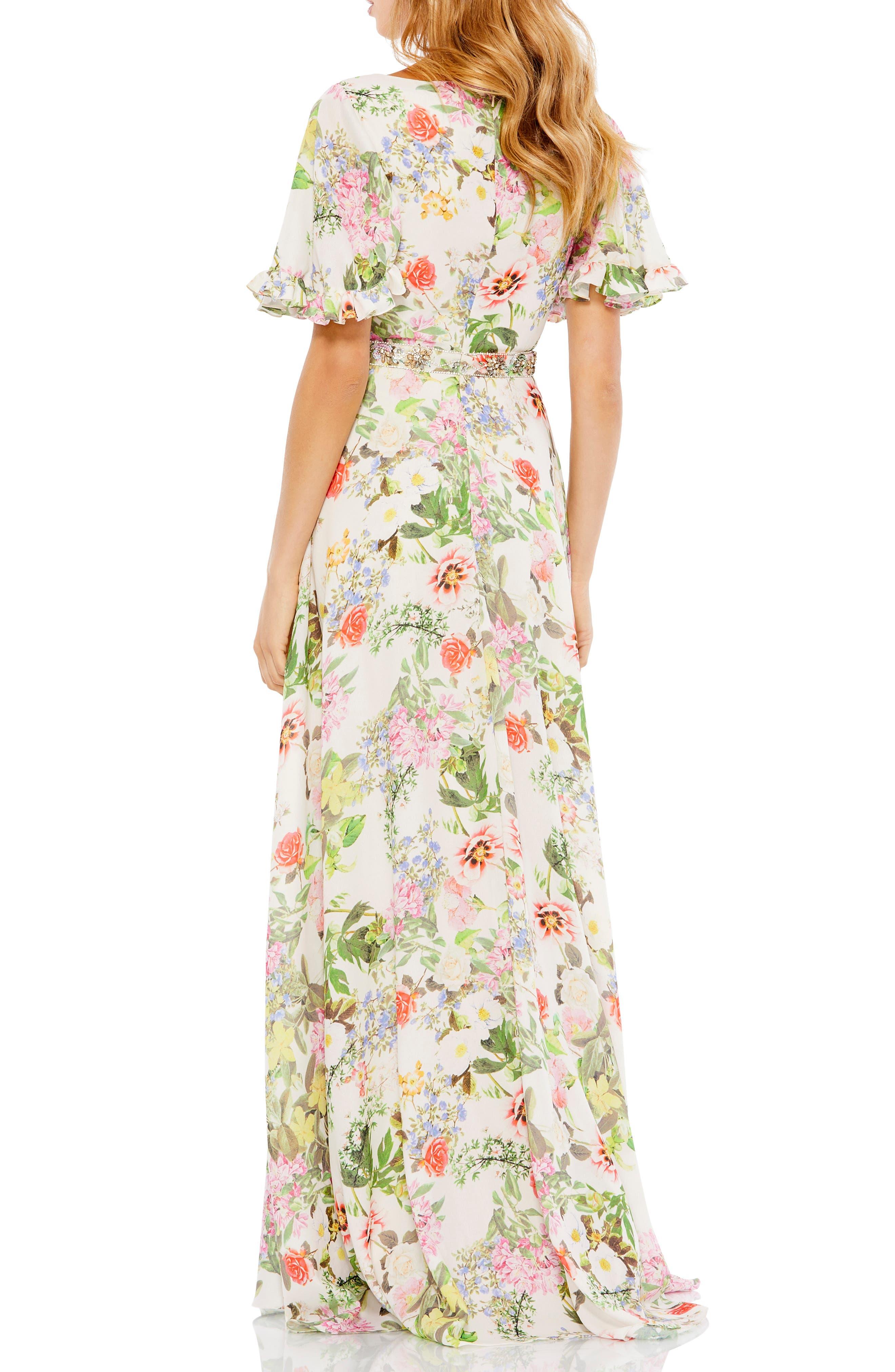 Mac Duggal Floral Print Flutter Sleeve 