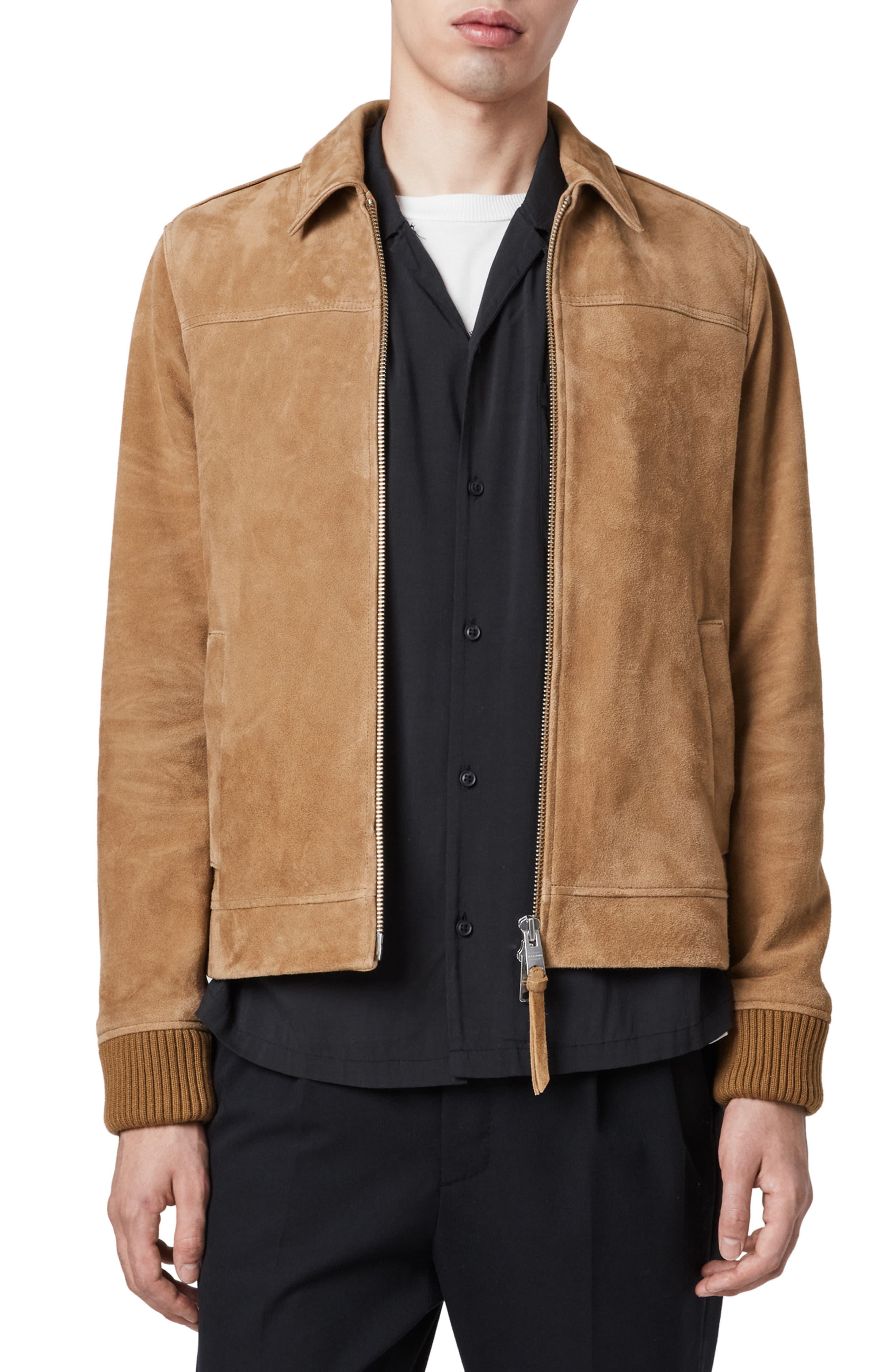 AllSaints Drant Regular Fit Zip Front Suede Jacket in Tan (Brown) for ...