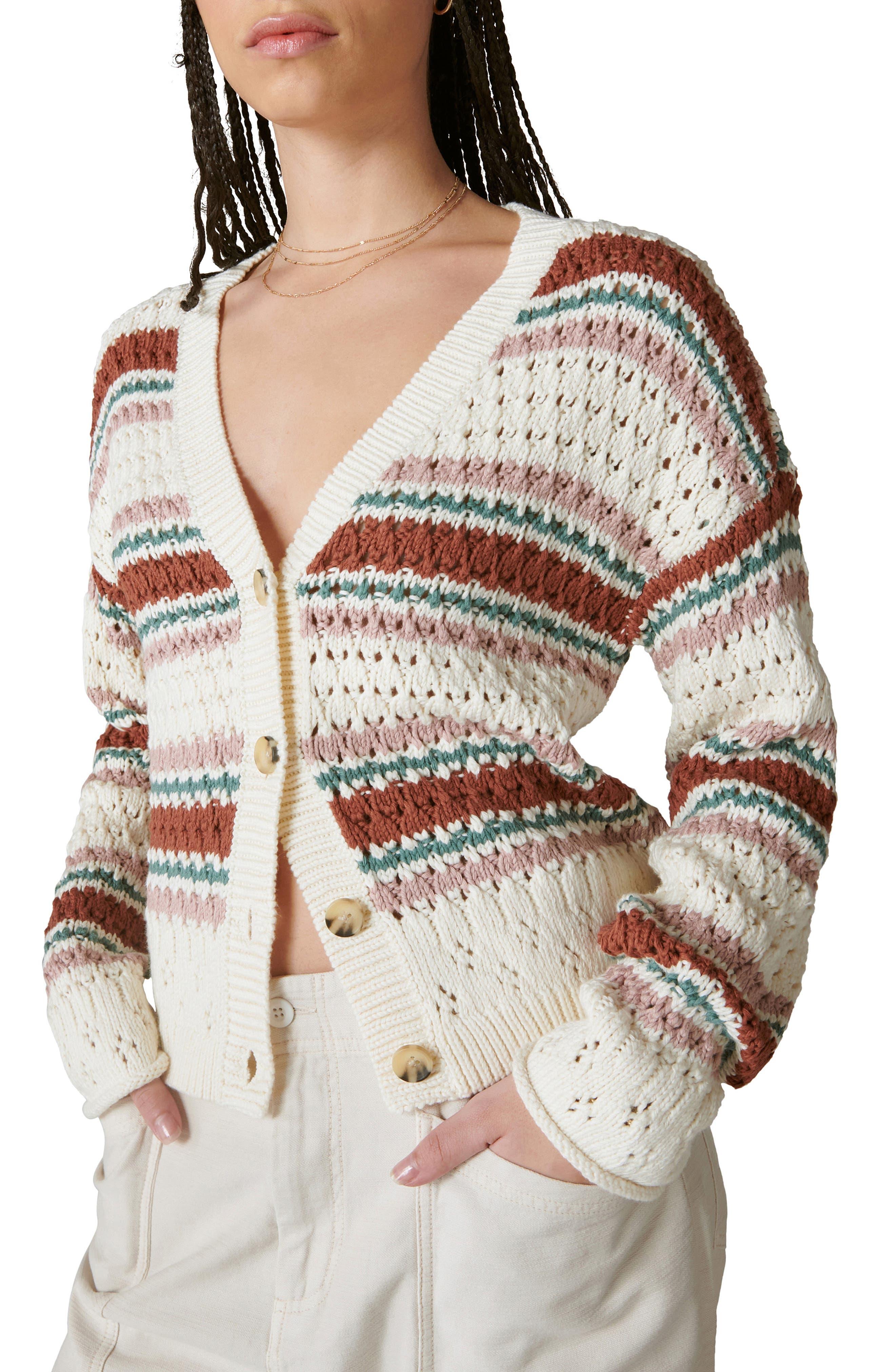 Lucky Brand Stripe Pointelle Cardigan in Natural | Lyst