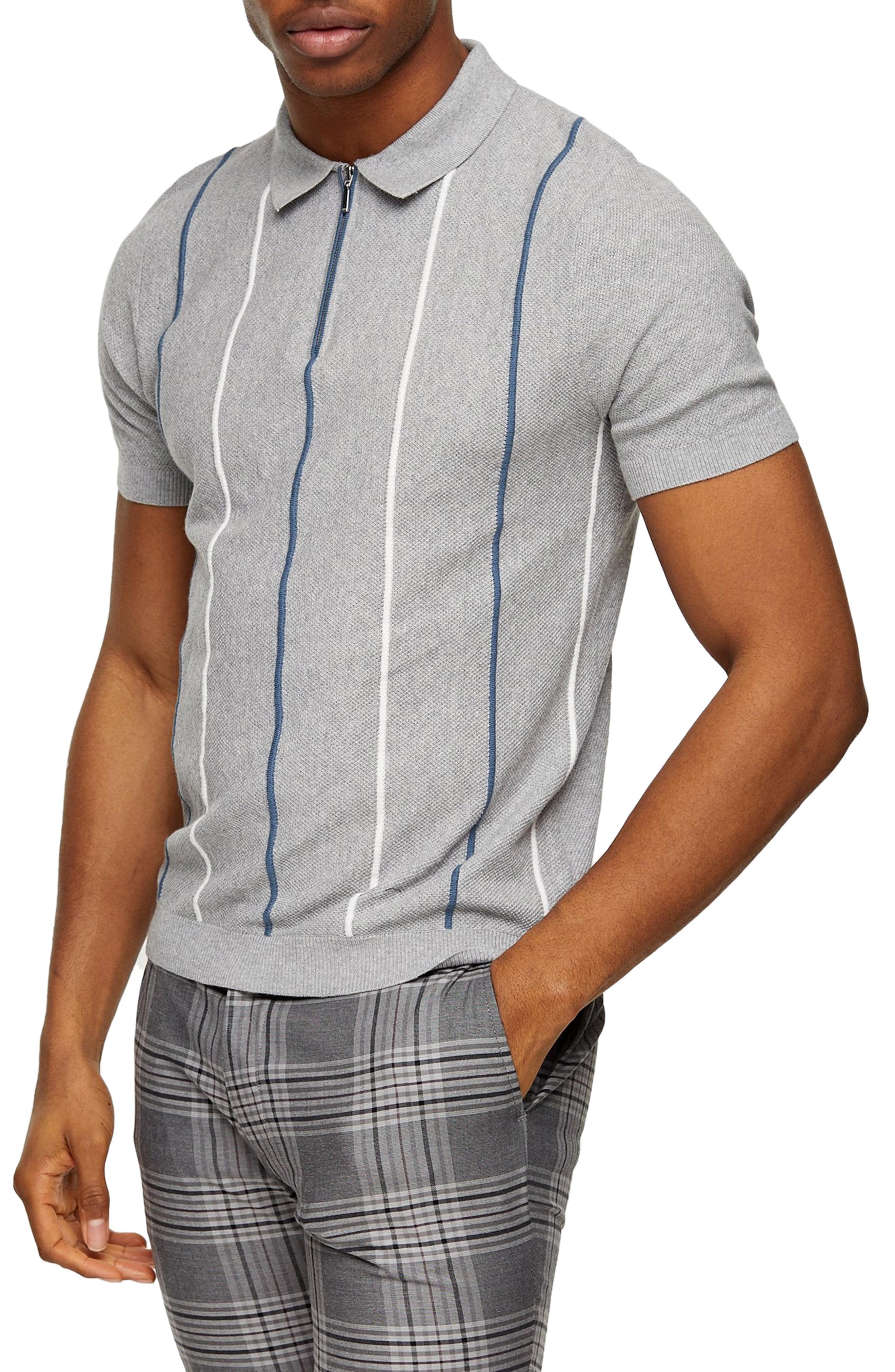 TOPMAN Cotton Stripe Piqué Zip Polo in Gray for Men - Lyst