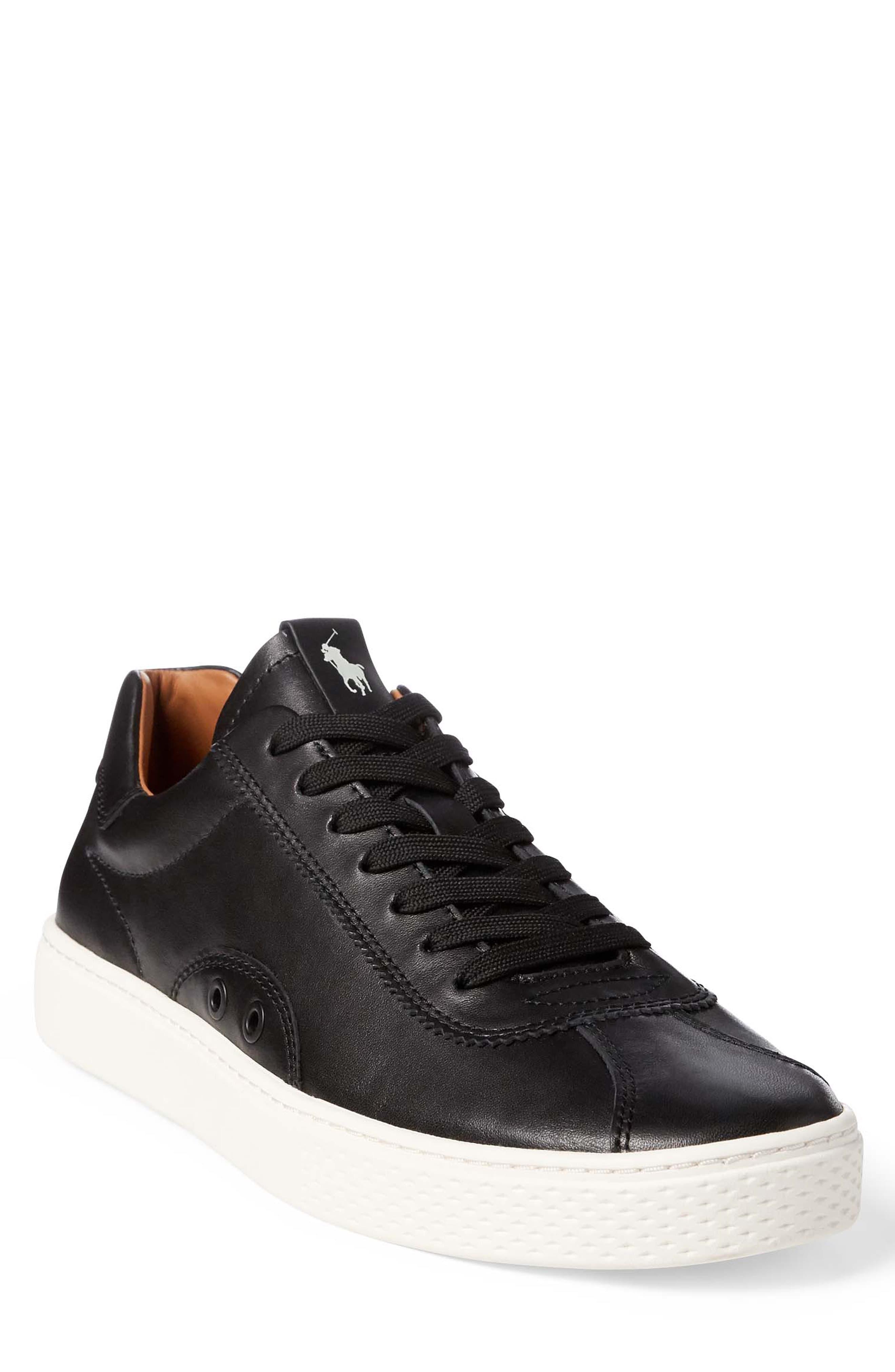 polo ralph lauren heritage court leather trainer in white with black logo