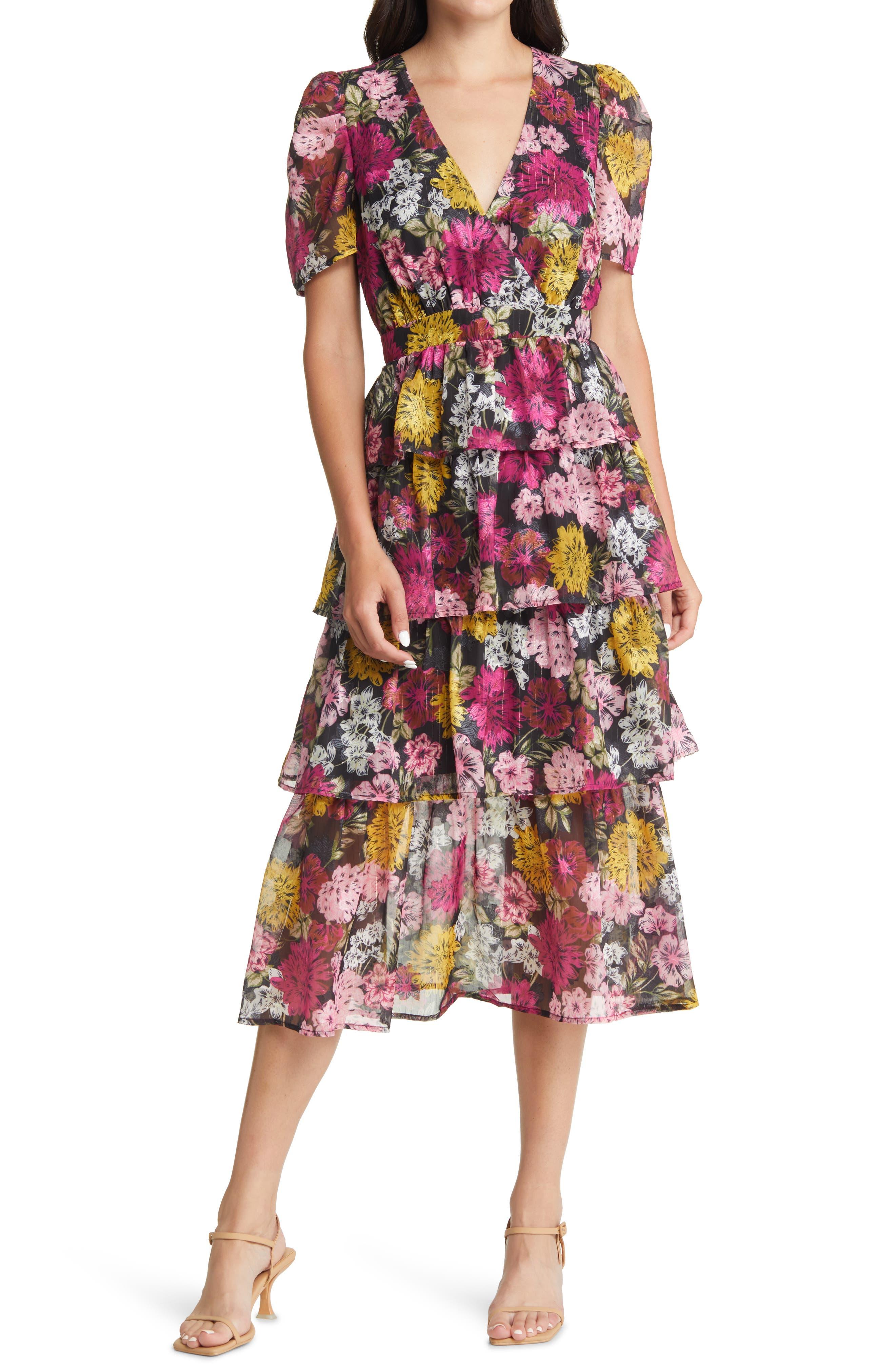 Adelyn Rae Eliza Floral Print Puff Sleeve Tiered Midi Dress | Lyst