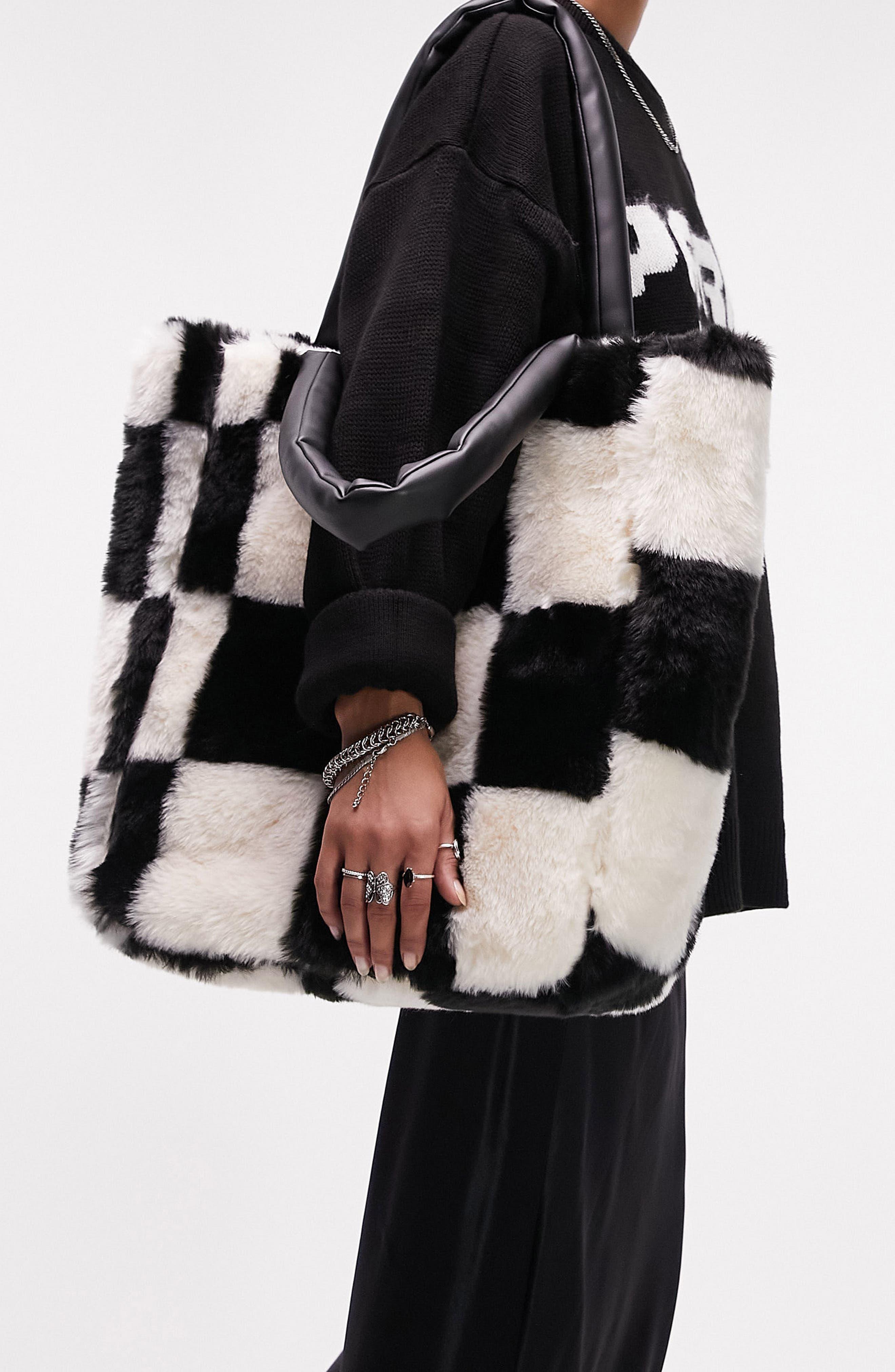 TOPSHOP Tabby Large Check Tote Bag in Black Lyst