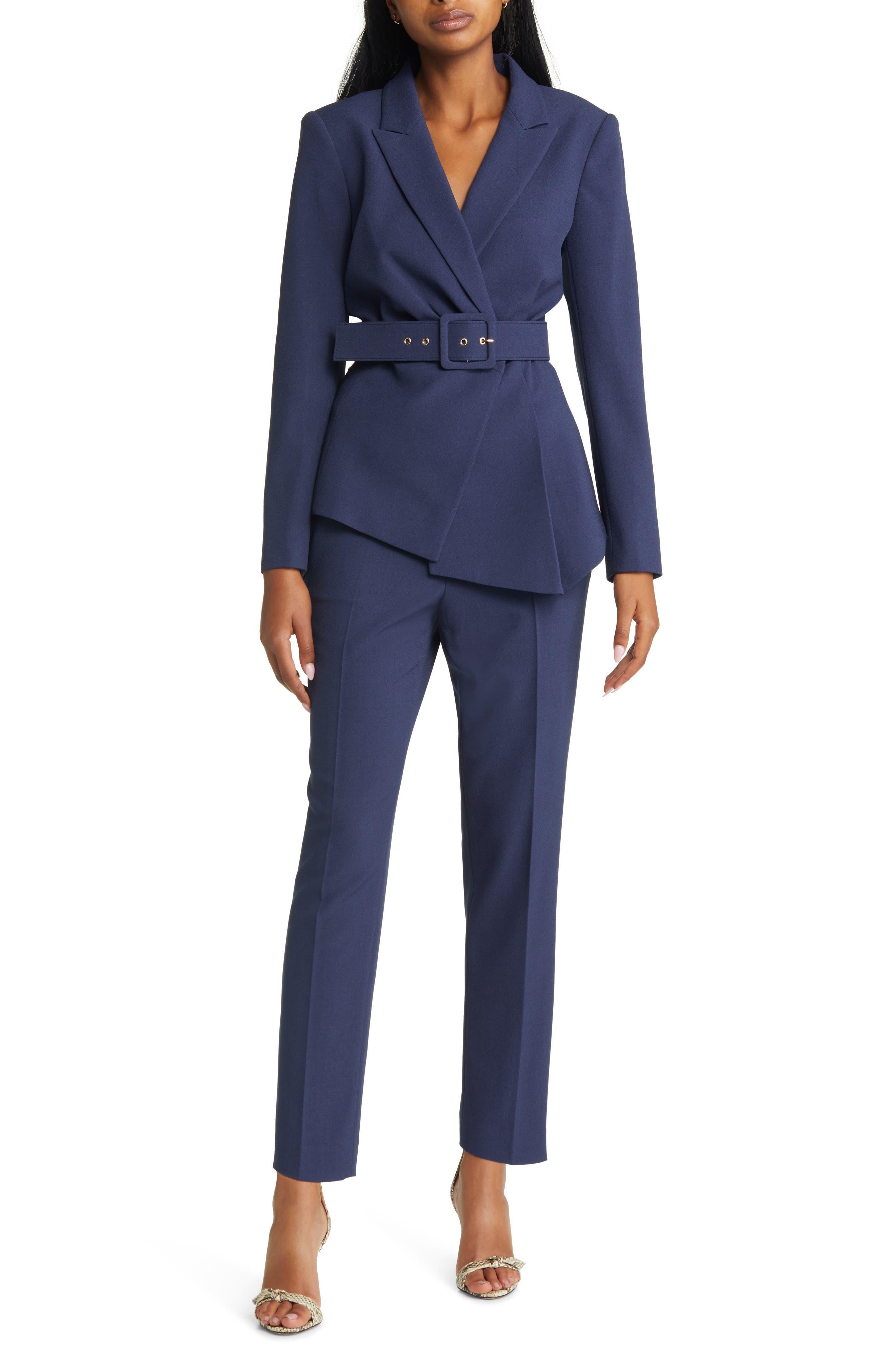 Tahari Peak Lapel Belted Blazer & Pants Set in Blue | Lyst