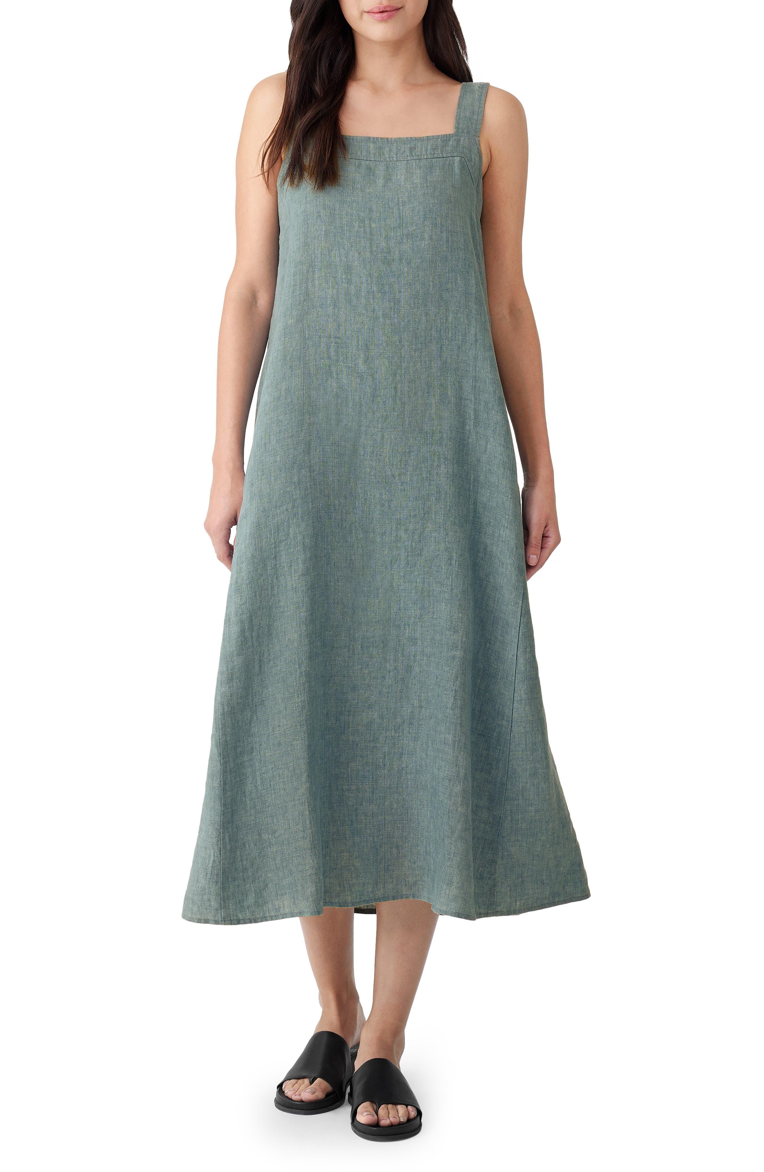 Eileen Fisher Square Neck Organic Linen Dress in Green | Lyst