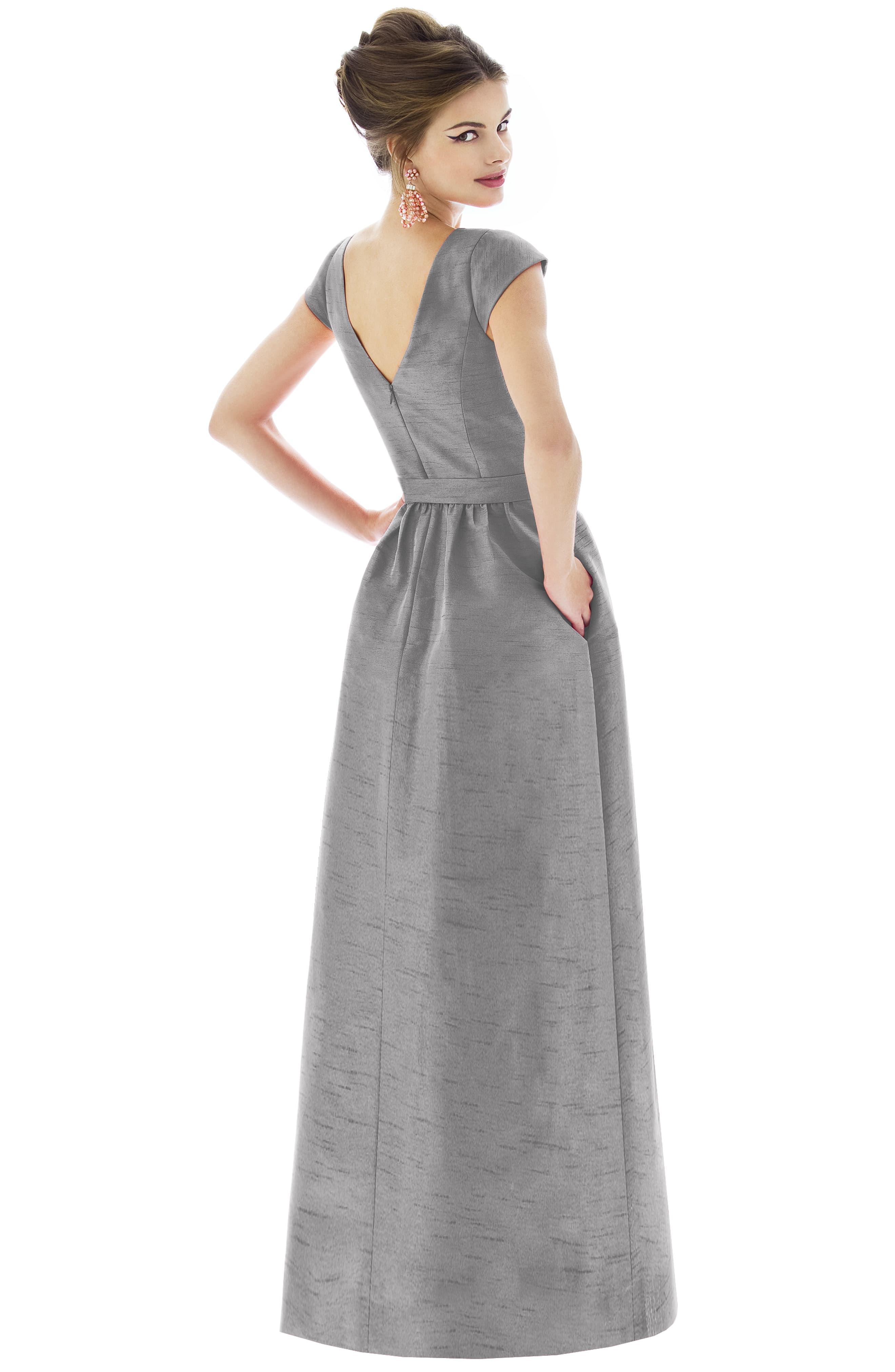 Alfred Sung Cap-Sleeve Dupioni Full-Length Dress in Gray - Lyst