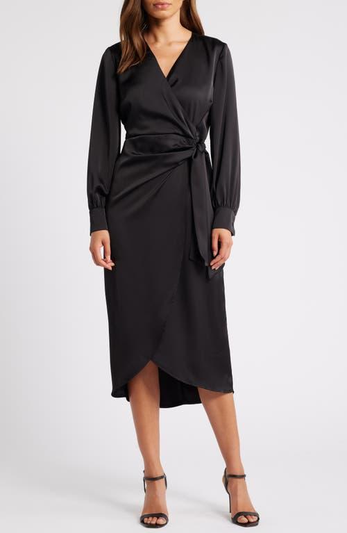 fluid long sleeve satin faux wrap midi dress Badgley Mischka Faux Wrap Gown