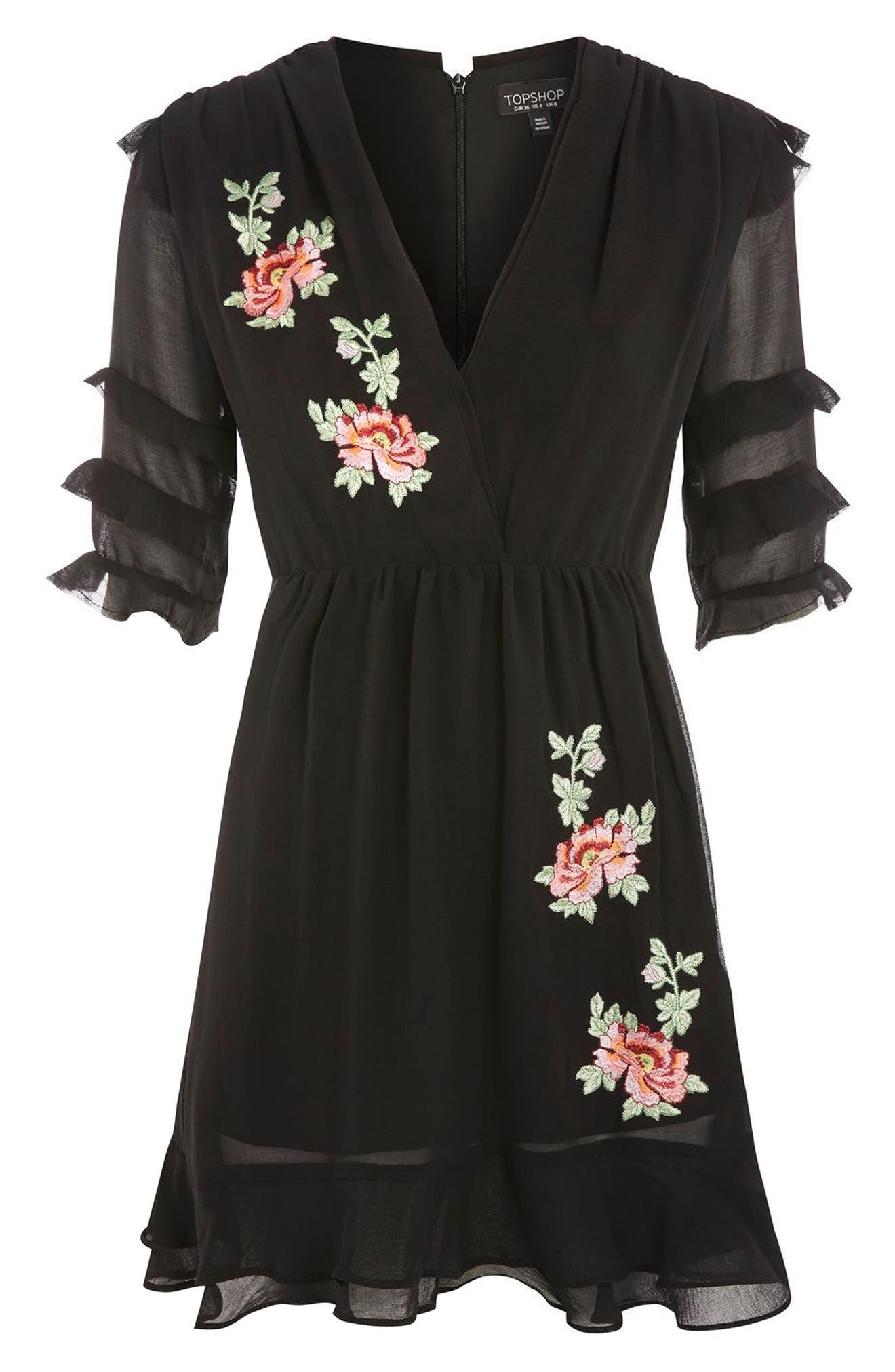 TOPSHOP Embroidered Ruffle Detail Dress in Black | Lyst